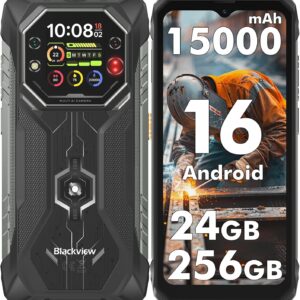 Blackview Rock 1 Movil Irrompible Android 16, 24GB+256GB Movil Indestructible, 15000mAh, 20MP Visión Nocturna, Gemini AI, 6.56" HD+ 2.01" Pantalla, IP69K Impermeable,NFC/OTG/GPS/3 Años de garantía