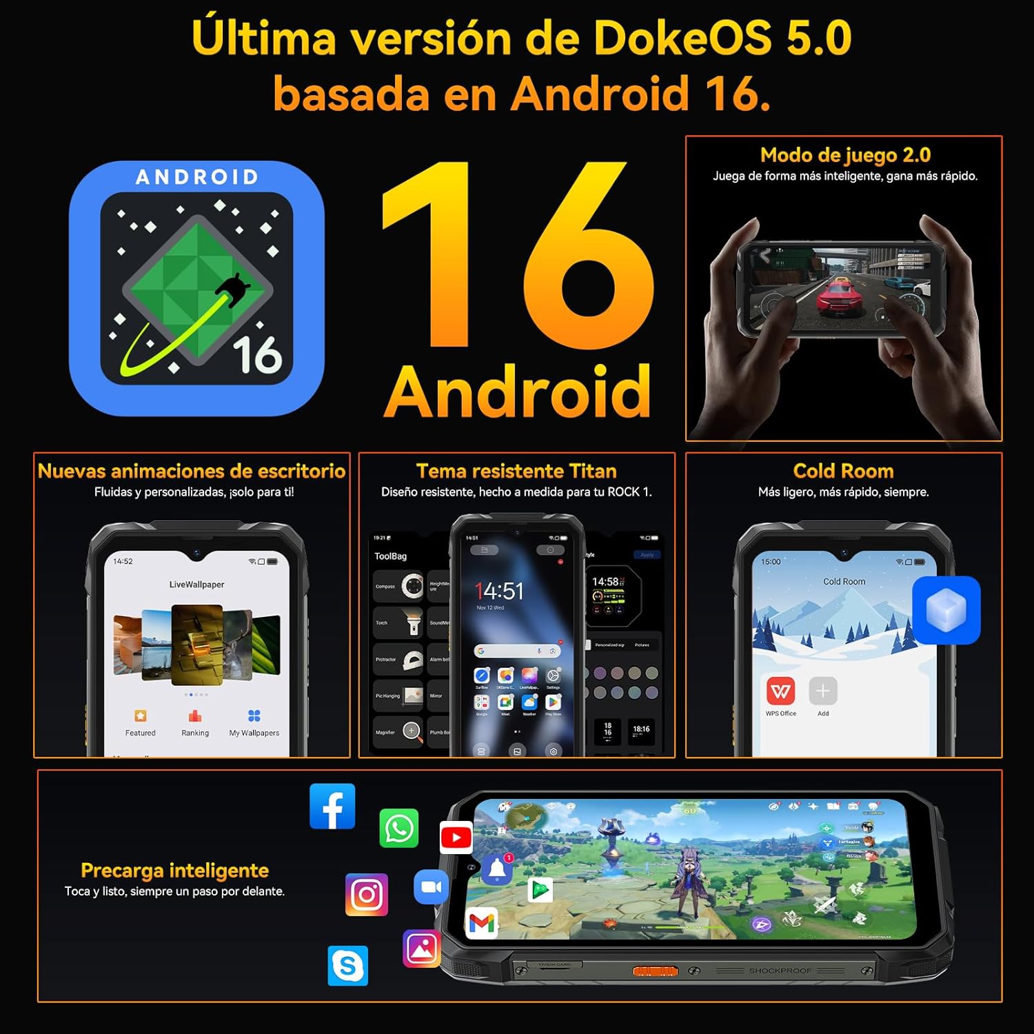 Blackview Rock 1 Movil Irrompible Android 16, 24GB+256GB Movil Indestructible, 15000mAh, 20MP Visión Nocturna, Gemini AI, 6.56" HD+ 2.01" Pantalla, IP69K Impermeable,NFC/OTG/GPS/3 Años de garantía - 4