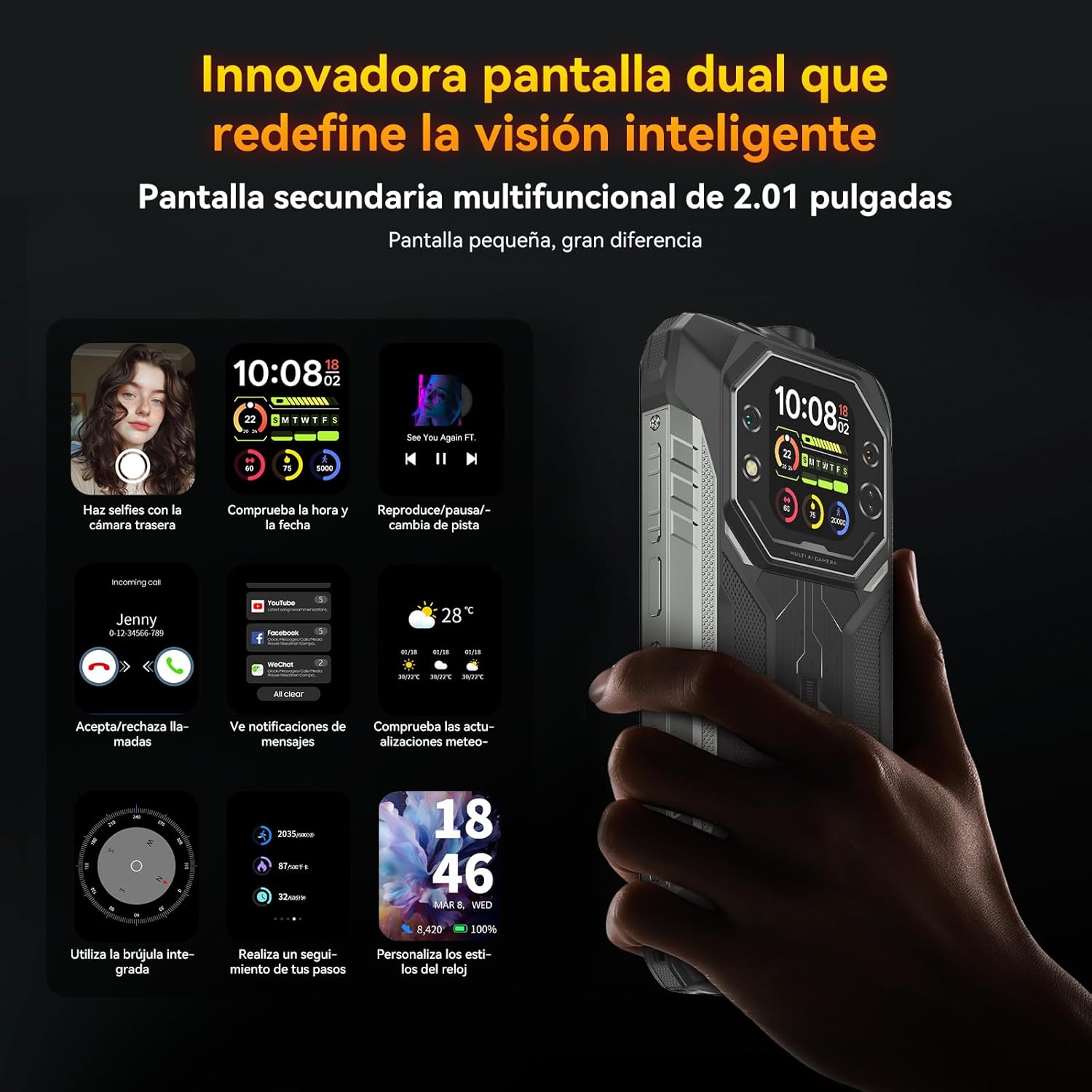 Blackview Rock 1 Movil Irrompible Android 16, 24GB+256GB Movil Indestructible, 15000mAh, 20MP Visión Nocturna, Gemini AI, 6.56" HD+ 2.01" Pantalla, IP69K Impermeable,NFC/OTG/GPS/3 Años de garantía - 6