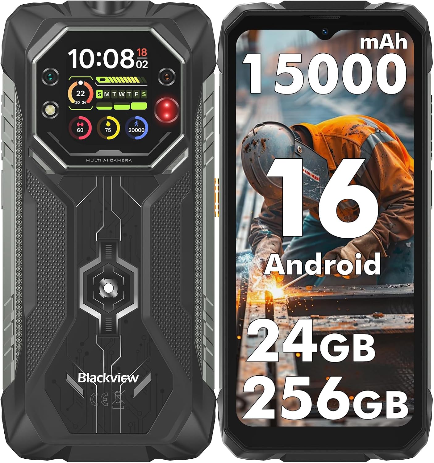 Blackview Rock 1 Movil Irrompible Android 16, 24GB+256GB Movil Indestructible, 15000mAh, 20MP Visión Nocturna, Gemini AI, 6.56" HD+ 2.01" Pantalla, IP69K Impermeable,NFC/OTG/GPS/3 Años de garantía - 1