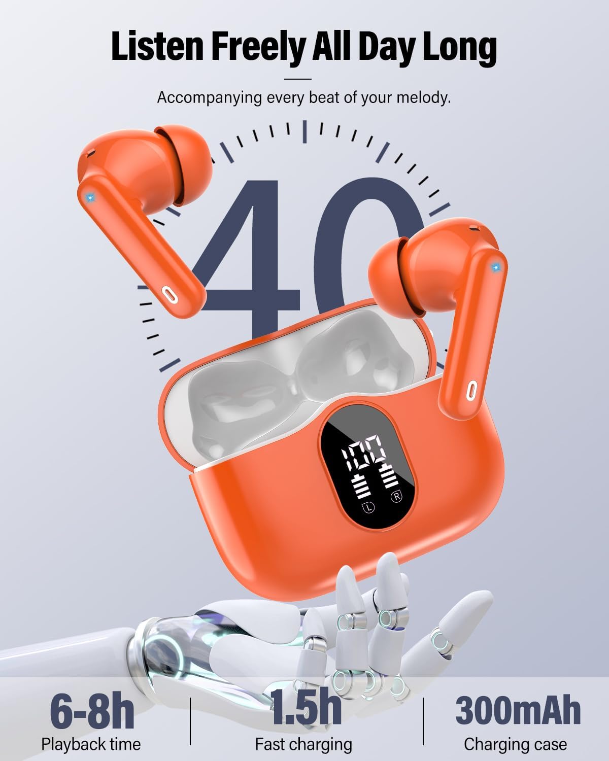 Btootos Auriculares Inalámbricos, Bluetooth 5.3 con HD Micrófono HiFi Estéreo Pantalla LED, Reducción de Ruido, 13 mm Controlador dinámico, IP7 Impermeable 36H Cascos Inalambricos - 5