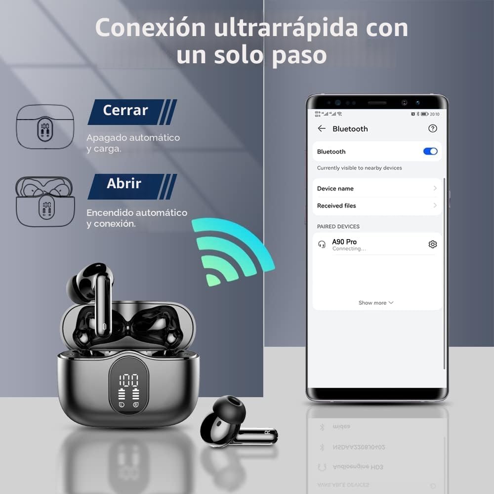 Btootos Auriculares Inalámbricos, Bluetooth 5.3 con HD Micrófono HiFi Estéreo Pantalla LED, Reducción de Ruido, 13 mm Controlador dinámico, IP7 Impermeable 36H Cascos Inalambricos - 5