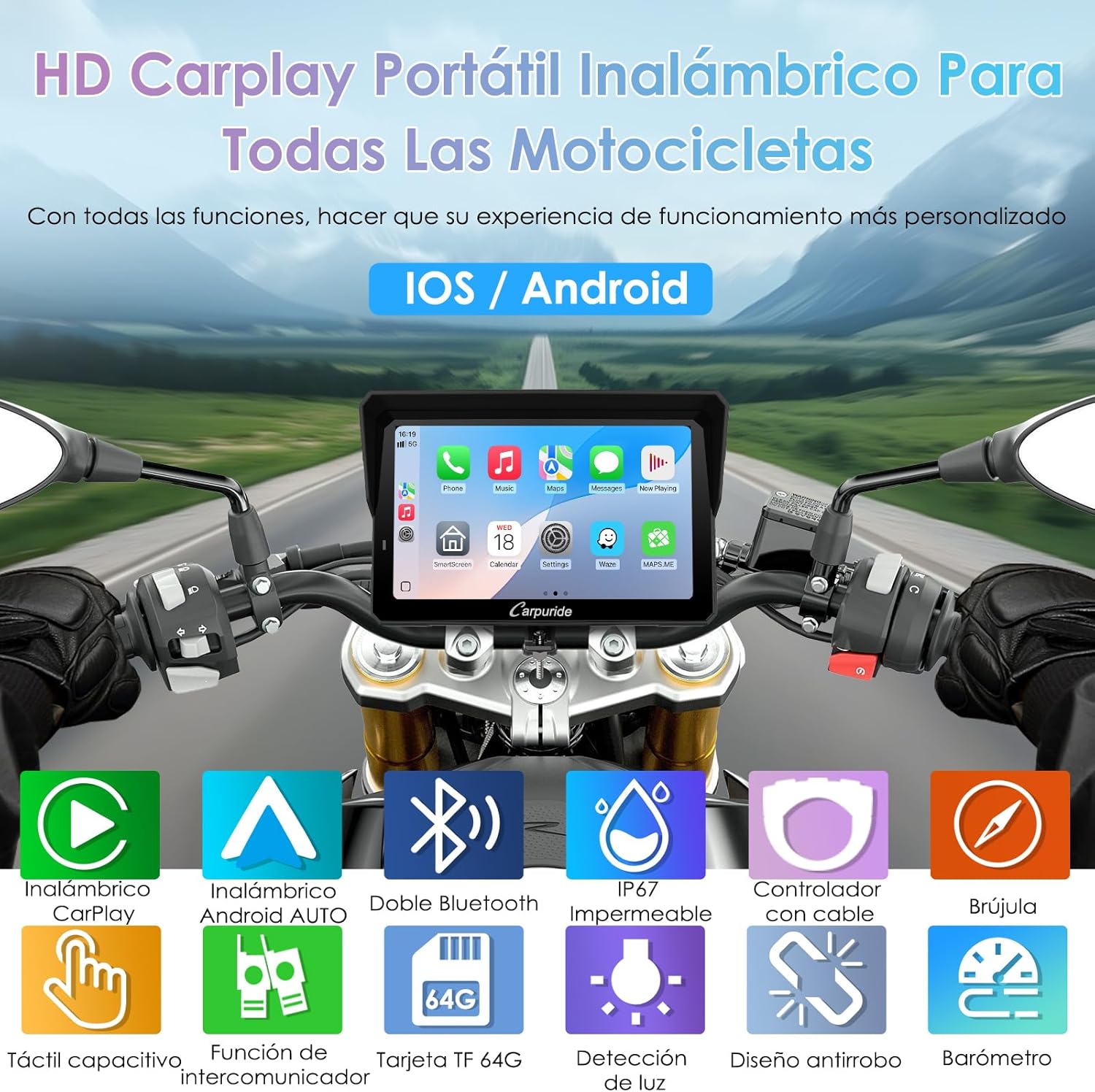 CARPURIDE W702S Pro Motocicleta CarPlay Pantalla con BM05 Soporte para Conectar y Usar, Inalámbrico CarPlay y Android Auto, 7" Impermeable Táctilpantalla, Dual Bluetooth, Control con Cable, Brújula. - 2