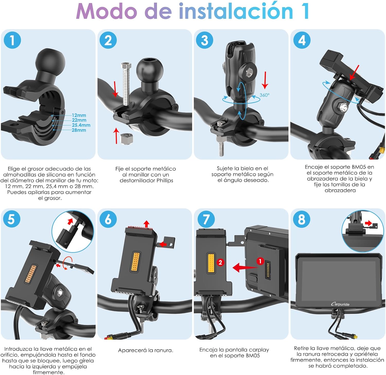 CARPURIDE W702S Pro Motocicleta CarPlay Pantalla con BM05 Soporte para Conectar y Usar, Inalámbrico CarPlay y Android Auto, 7" Impermeable Táctilpantalla, Dual Bluetooth, Control con Cable, Brújula. - 3
