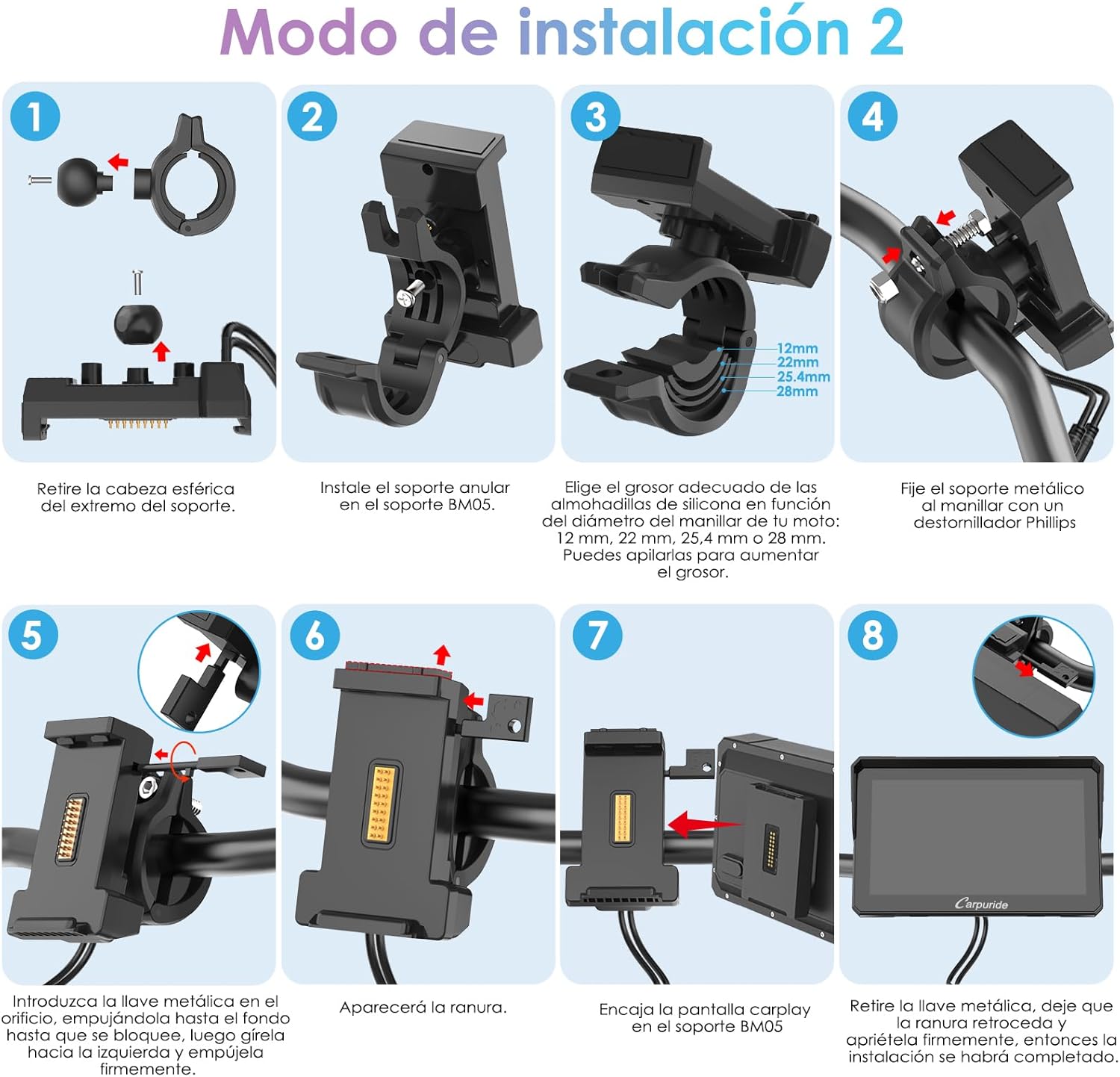 CARPURIDE W702S Pro Motocicleta CarPlay Pantalla con BM05 Soporte para Conectar y Usar, Inalámbrico CarPlay y Android Auto, 7" Impermeable Táctilpantalla, Dual Bluetooth, Control con Cable, Brújula. - 4