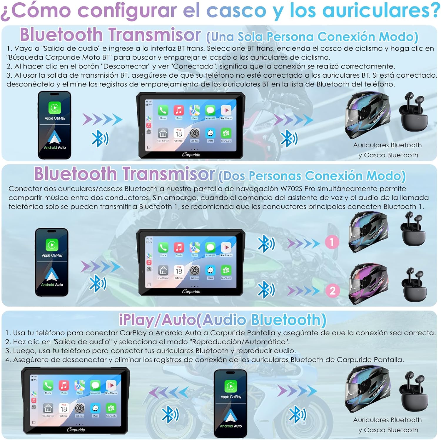 CARPURIDE W702S Pro Motocicleta CarPlay Pantalla con BM05 Soporte para Conectar y Usar, Inalámbrico CarPlay y Android Auto, 7" Impermeable Táctilpantalla, Dual Bluetooth, Control con Cable, Brújula. - 5