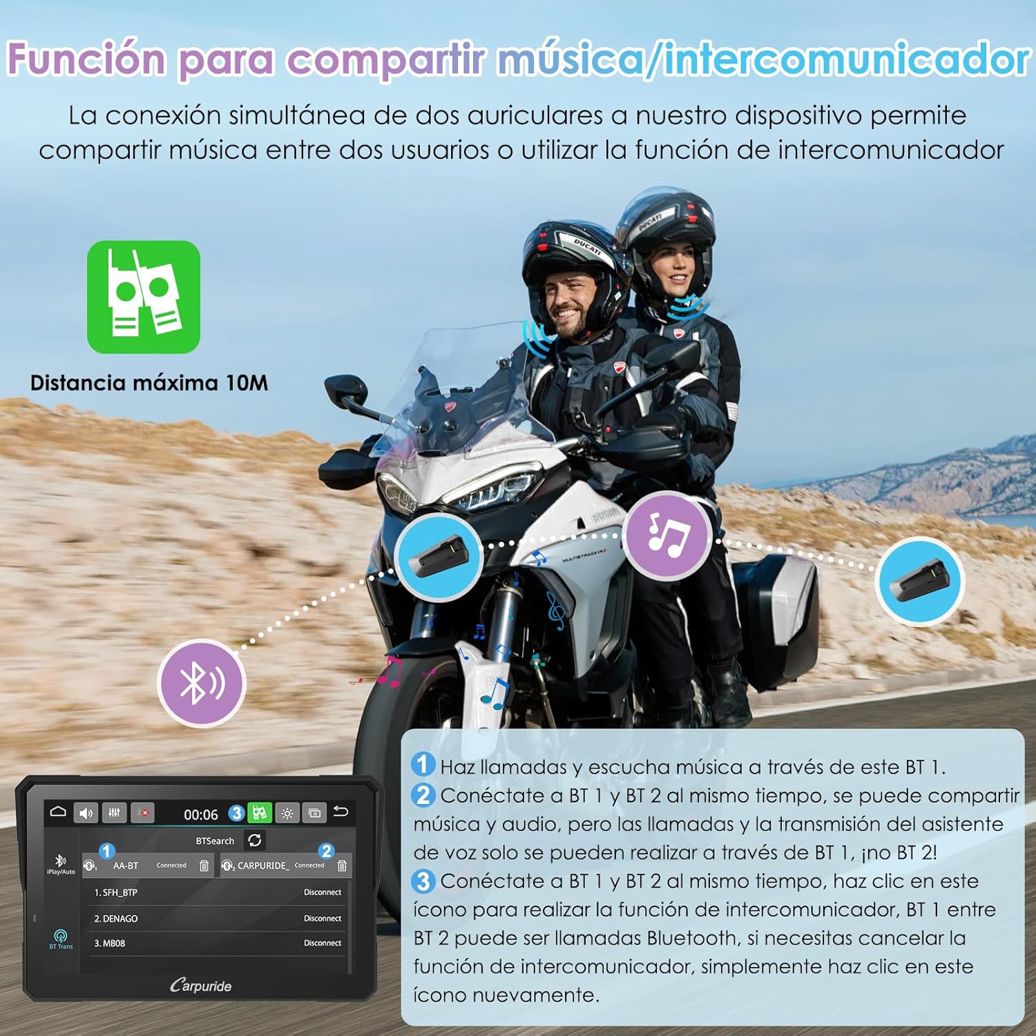 CARPURIDE W702S Pro Motocicleta CarPlay Pantalla con BM05 Soporte para Conectar y Usar, Inalámbrico CarPlay y Android Auto, 7" Impermeable Táctilpantalla, Dual Bluetooth, Control con Cable, Brújula. - 6
