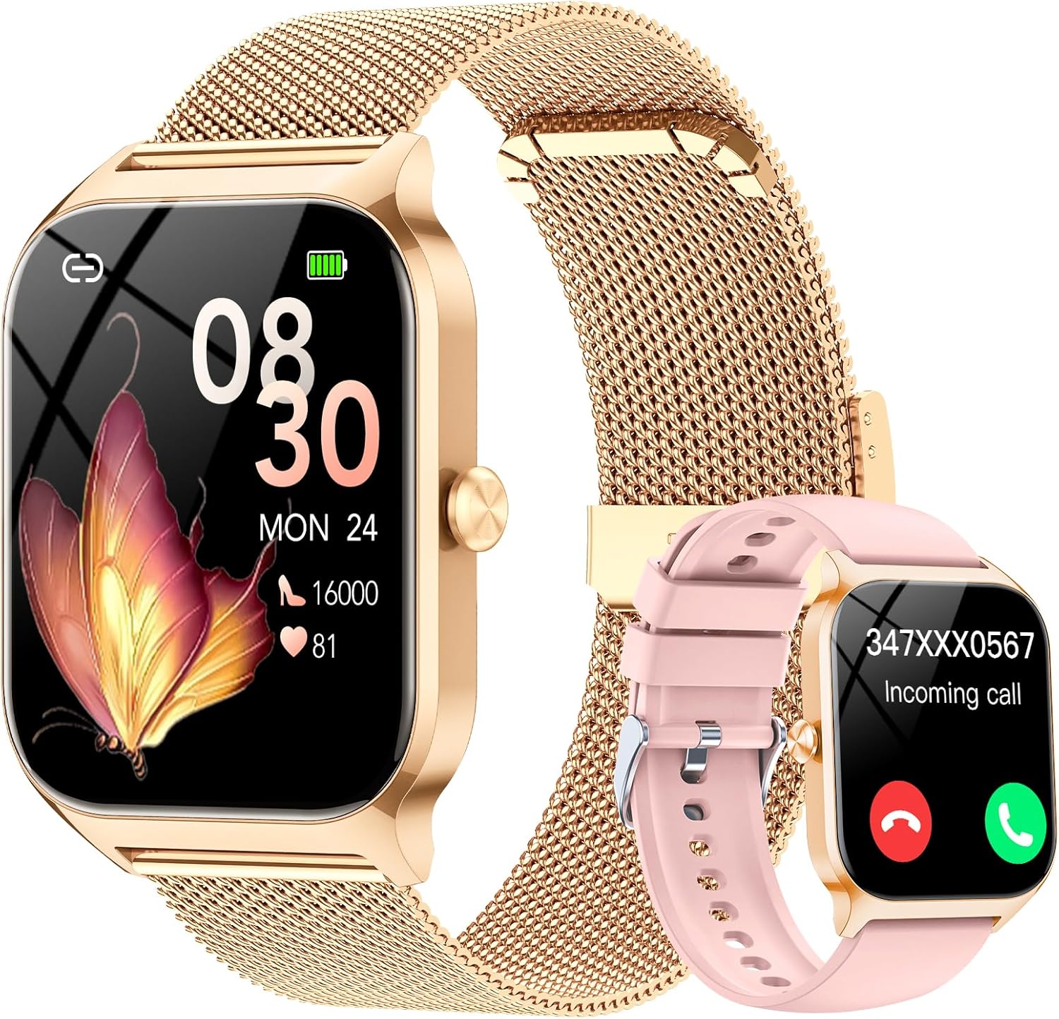 CASCHO Smartwatch Mujer Elegante 1.85" HD con Llamadas Bluetooth y Asistente IA, Reloj Inteligente Mujer con 2 Correas, Sueño, Frecuencia Cardíaca y Oxígeno en Sangre, Android iPhone（Oro Rosa） - 1