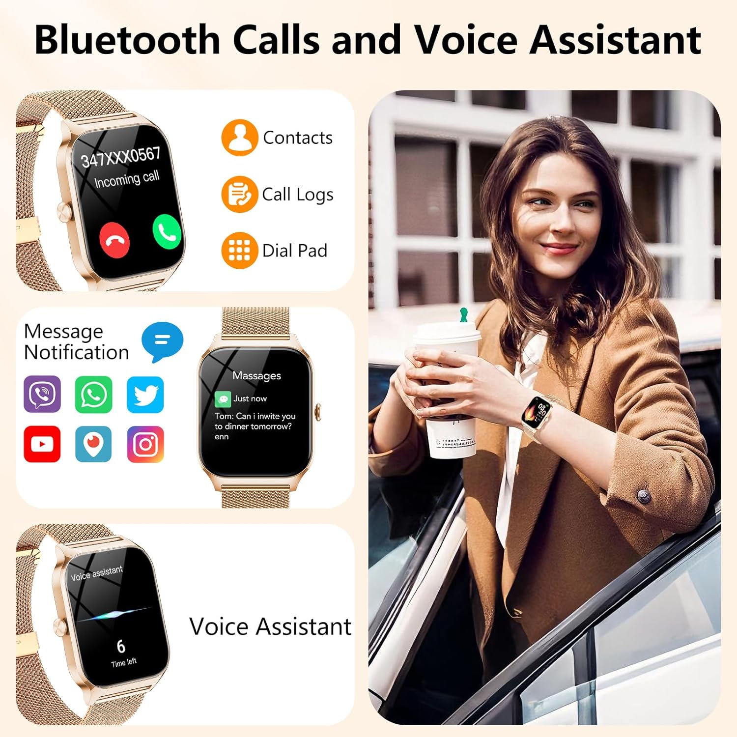 CASCHO Smartwatch Mujer Elegante 1.85" HD con Llamadas Bluetooth y Asistente IA, Reloj Inteligente Mujer con 2 Correas, Sueño, Frecuencia Cardíaca y Oxígeno en Sangre, Android iPhone（Oro Rosa） - 2