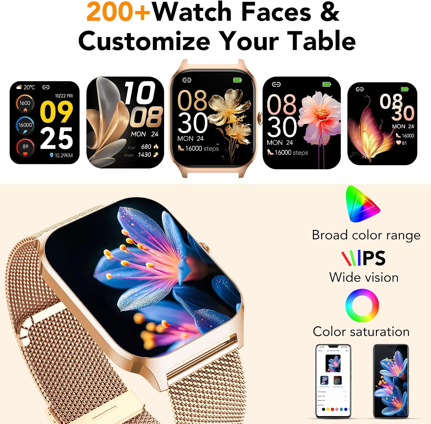 CASCHO Smartwatch Mujer Elegante 1.85" HD con Llamadas Bluetooth y Asistente IA, Reloj Inteligente Mujer con 2 Correas, Sueño, Frecuencia Cardíaca y Oxígeno en Sangre, Android iPhone（Oro Rosa） - 3