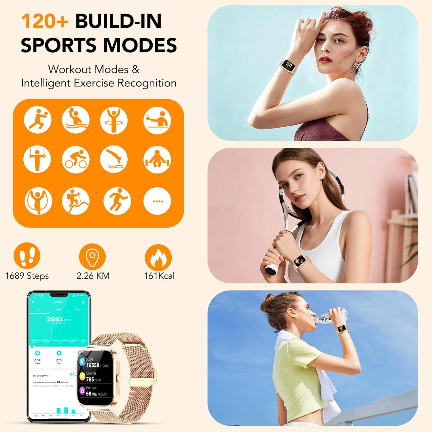 CASCHO Smartwatch Mujer Elegante 1.85" HD con Llamadas Bluetooth y Asistente IA, Reloj Inteligente Mujer con 2 Correas, Sueño, Frecuencia Cardíaca y Oxígeno en Sangre, Android iPhone（Oro Rosa） - 4