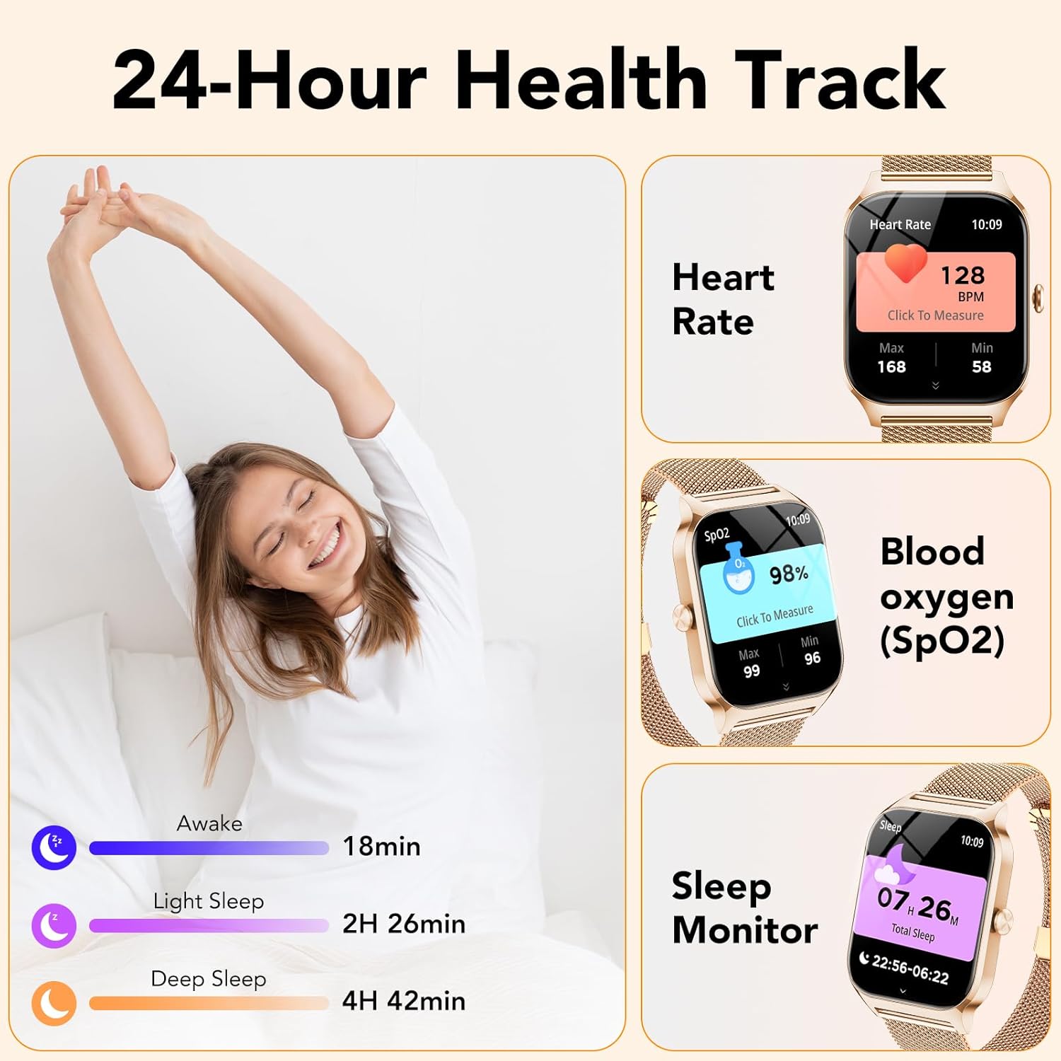 CASCHO Smartwatch Mujer Elegante 1.85" HD con Llamadas Bluetooth y Asistente IA, Reloj Inteligente Mujer con 2 Correas, Sueño, Frecuencia Cardíaca y Oxígeno en Sangre, Android iPhone（Oro Rosa） - 5