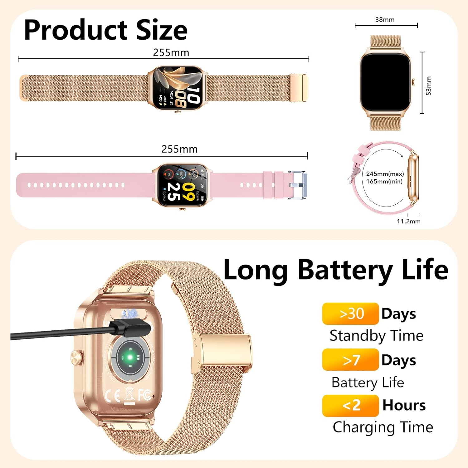 CASCHO Smartwatch Mujer Elegante 1.85" HD con Llamadas Bluetooth y Asistente IA, Reloj Inteligente Mujer con 2 Correas, Sueño, Frecuencia Cardíaca y Oxígeno en Sangre, Android iPhone（Oro Rosa） - 6
