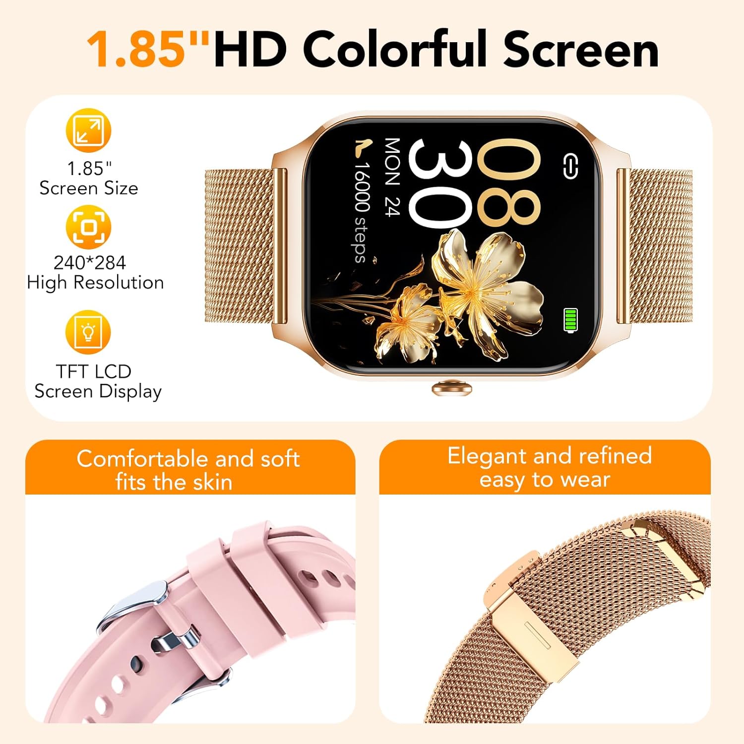 CASCHO Smartwatch Mujer Elegante 1.85" HD con Llamadas Bluetooth y Asistente IA, Reloj Inteligente Mujer con 2 Correas, Sueño, Frecuencia Cardíaca y Oxígeno en Sangre, Android iPhone（Oro Rosa） - 6