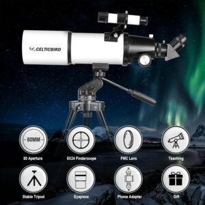 CELTICBIRD Telescopio para Adultos Principiantes en astronomía - Telescopio Refractor portátil astronómico Revestimientos de Alta transmisión Totalmente Multicapa Montaje AZ （80560）