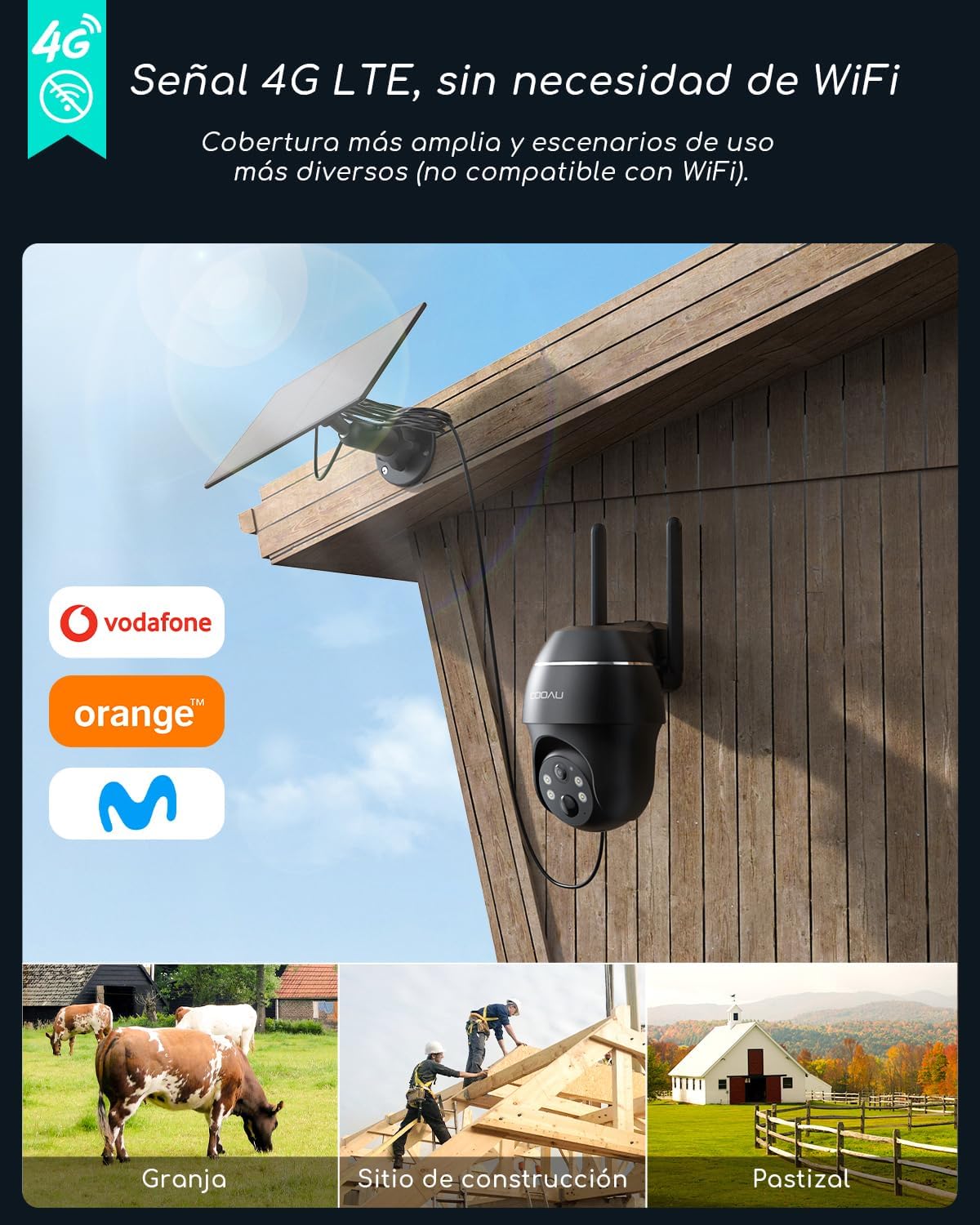 COOAU 4G LTE Cámara Vigilancia Exterior con Sim,2K 3MP QHD Camara 4G Solar sin Cable con Batería,PTZ 355°/90°,Visión Nocturna,PIR Detección de Movimiento,Audio de Dos Vías,Tarjeta SIM,Tarjeta SD - 2