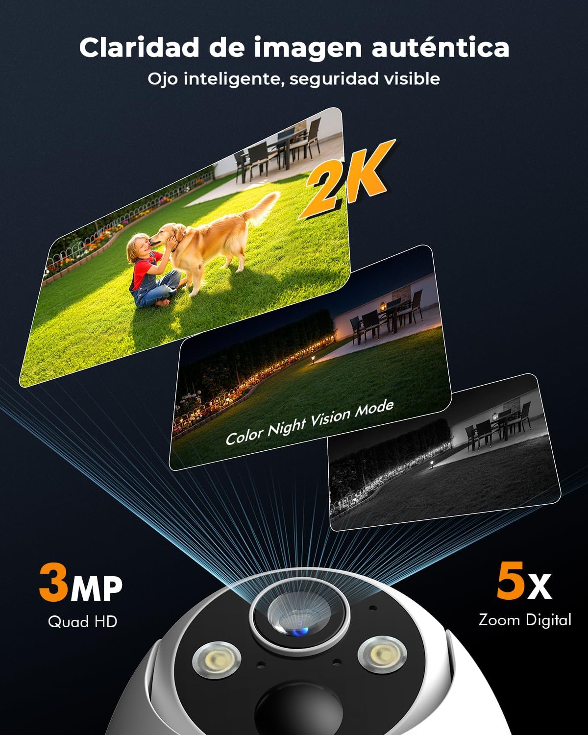 Camara Vigilancia WiFi Exterior Solar 2K sin Cables, Camara Solar con Batería Recargable, 360° PTZ Visión Nocturna Color, Sensor Movimiento PIR, IP66, Sin Suscripción (Blanco) - 3