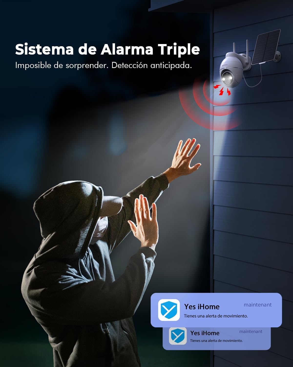 Camara Vigilancia WiFi Exterior Solar 2K sin Cables, Camara Solar con Batería Recargable, 360° PTZ Visión Nocturna Color, Sensor Movimiento PIR, IP66, Sin Suscripción (Blanco) - 6
