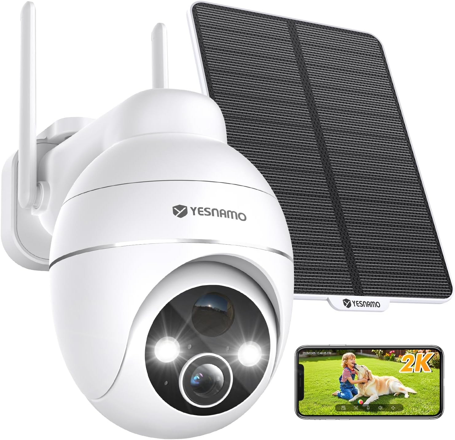 Camara Vigilancia WiFi Exterior Solar 2K sin Cables, Camara Solar con Batería Recargable, 360° PTZ Visión Nocturna Color, Sensor Movimiento PIR, IP66, Sin Suscripción (Blanco) - 1