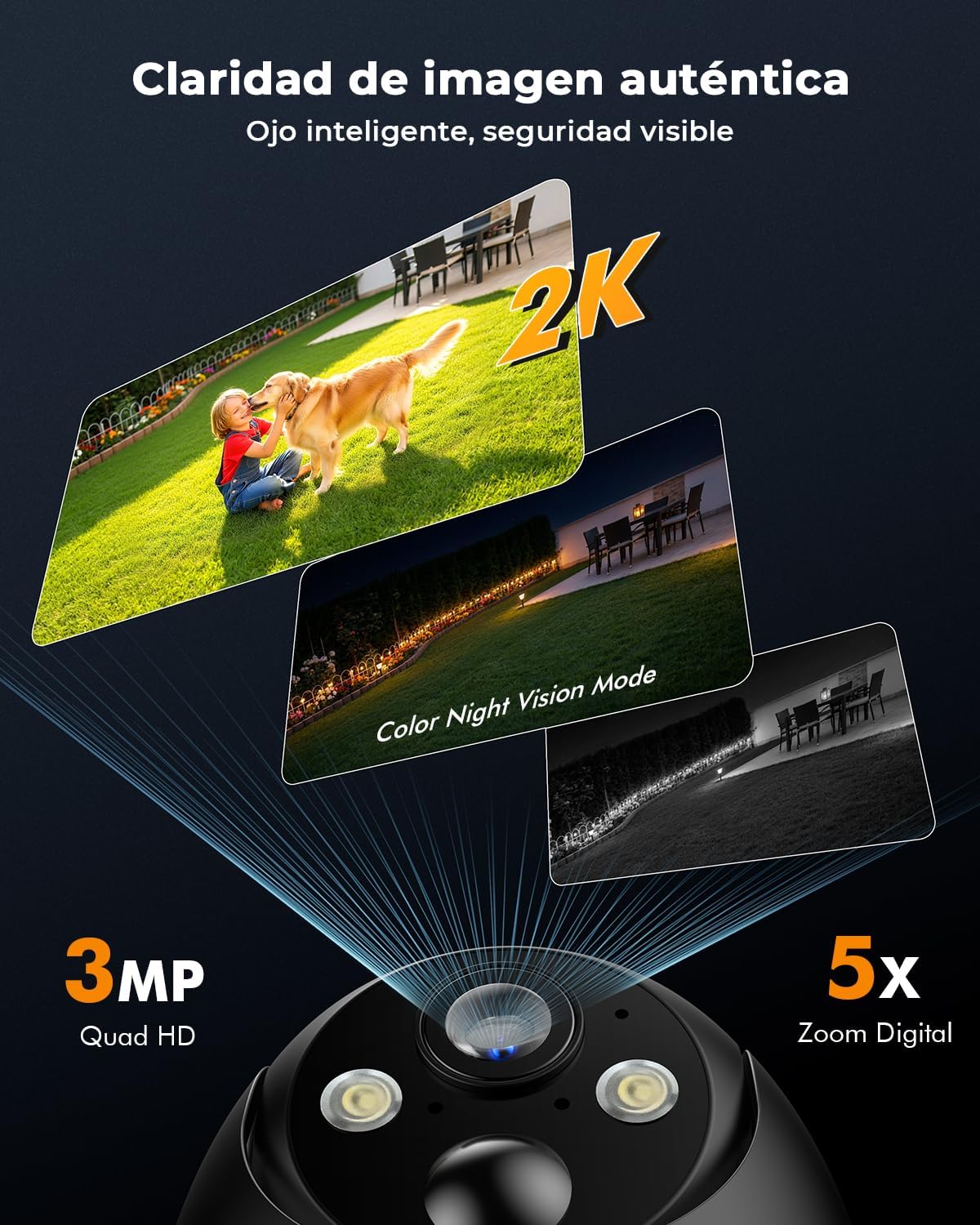 Camara Vigilancia WiFi Exterior Solar 2K sin Cables Pack 2, Camaras de Vigilancia para Dos Zonas, Panel Solar con Batería Recargable, 360° PTZ, Visión Nocturna Color, sin Suscripción (Negro) - 2