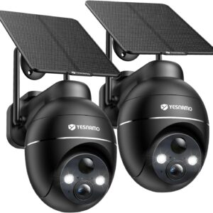 Camara Vigilancia WiFi Exterior Solar 2K sin Cables Pack 2, Camaras de Vigilancia para Dos Zonas, Panel Solar con Batería Recargable, 360° PTZ, Visión Nocturna Color, sin Suscripción (Negro)