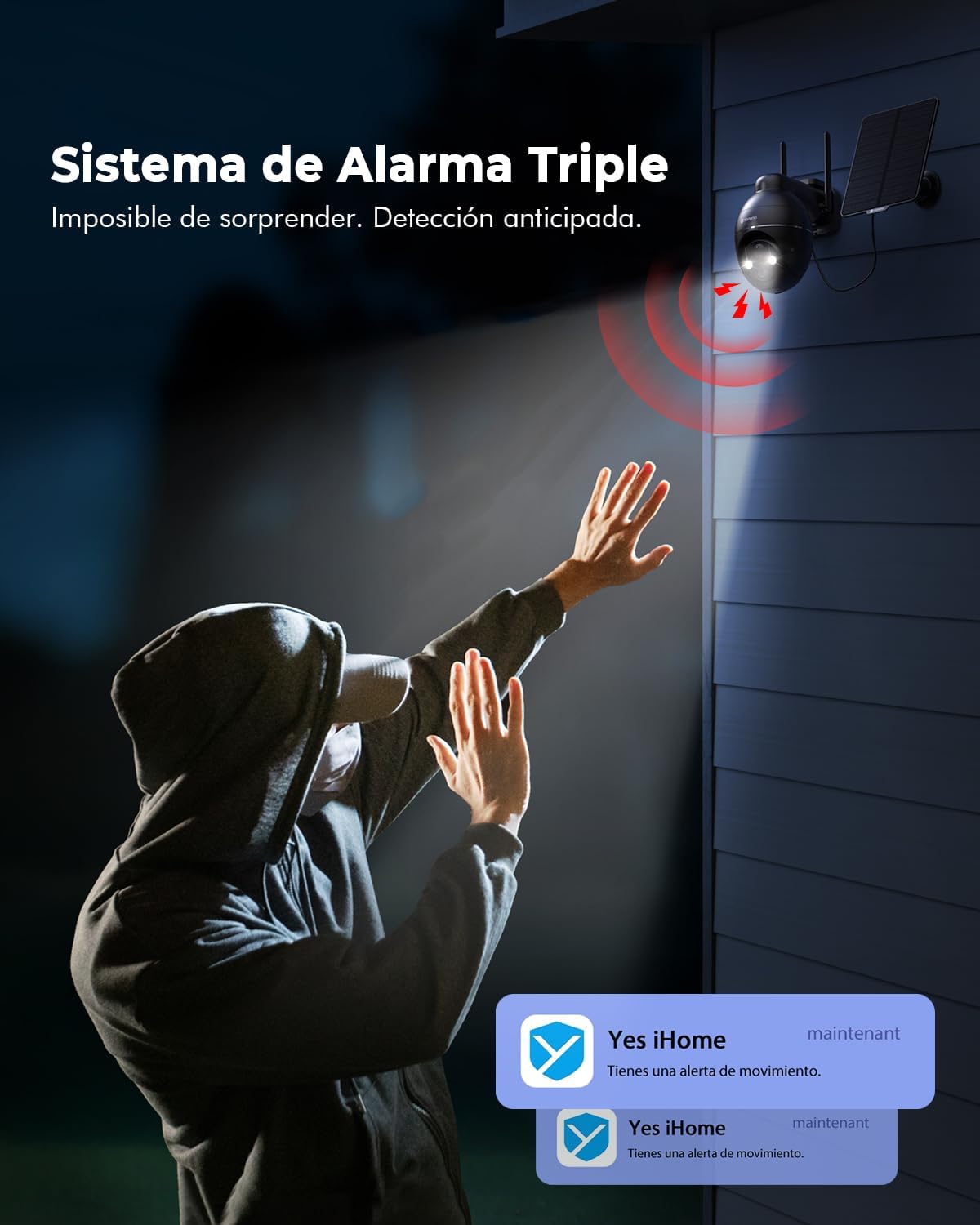 Camara Vigilancia WiFi Exterior Solar 2K sin Cables Pack 2, Camaras de Vigilancia para Dos Zonas, Panel Solar con Batería Recargable, 360° PTZ, Visión Nocturna Color, sin Suscripción (Negro) - 6