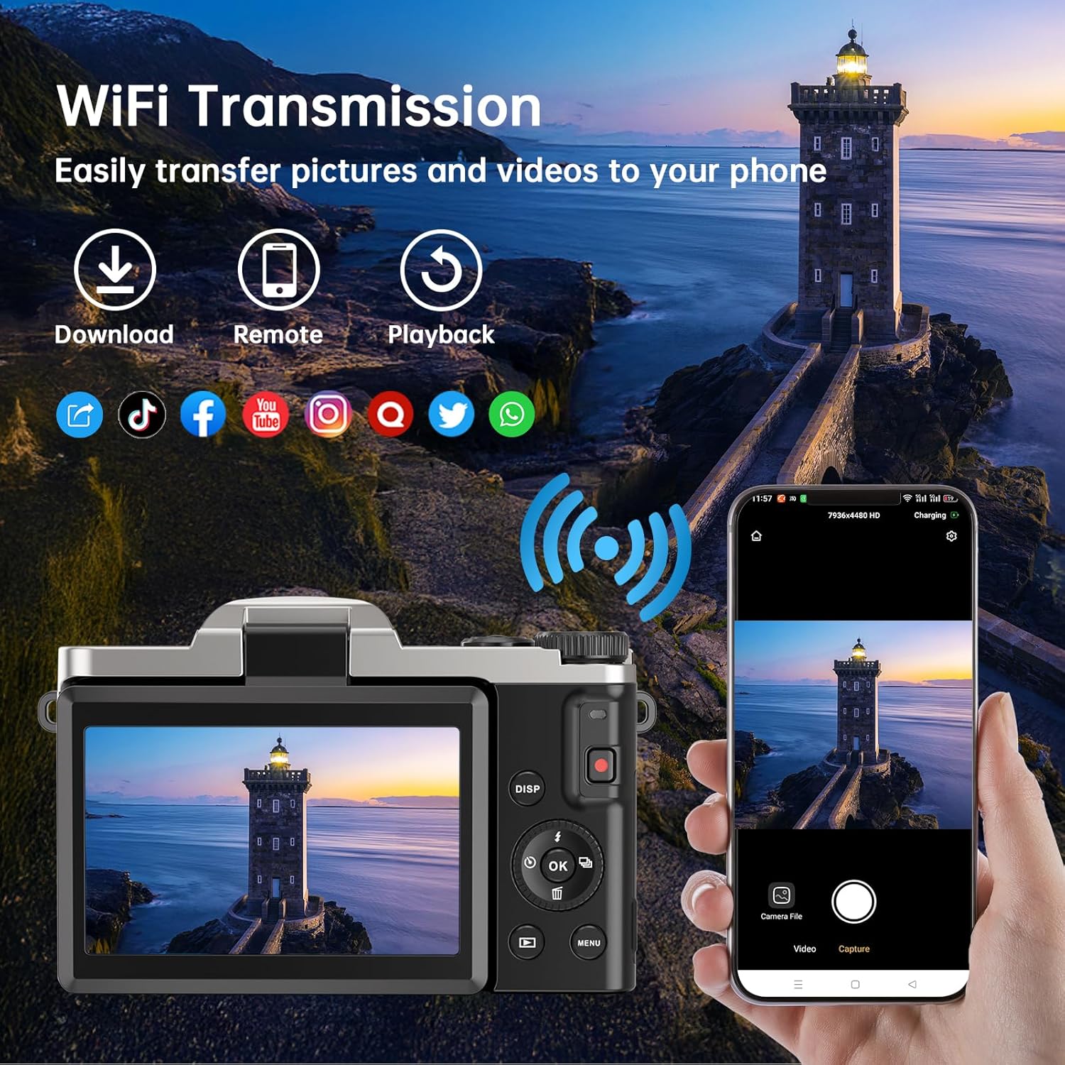 Camara de Fotos con WiFi, 64MP 4K Autofocus Camara Digital Compacta con Pantalla Flip De 180° De 3" Zoom Digital 16X, Tarjeta De 32 GB Estación de Carga, 2 Baterías para Principiantes, Adolescentes - 3