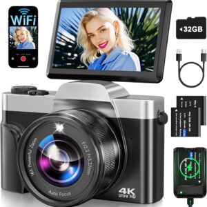 Camara de Fotos con WiFi, 64MP 4K Autofocus Camara Digital Compacta con Pantalla Flip De 180° De 3" Zoom Digital 16X, Tarjeta De 32 GB Estación de Carga, 2 Baterías para Principiantes, Adolescentes