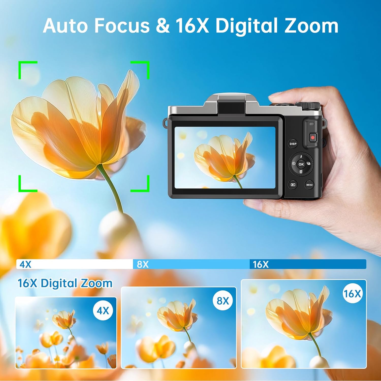 Camara de Fotos con WiFi, 64MP 4K Autofocus Camara Digital Compacta con Pantalla Flip De 180° De 3" Zoom Digital 16X, Tarjeta De 32 GB Estación de Carga, 2 Baterías para Principiantes, Adolescentes - 4