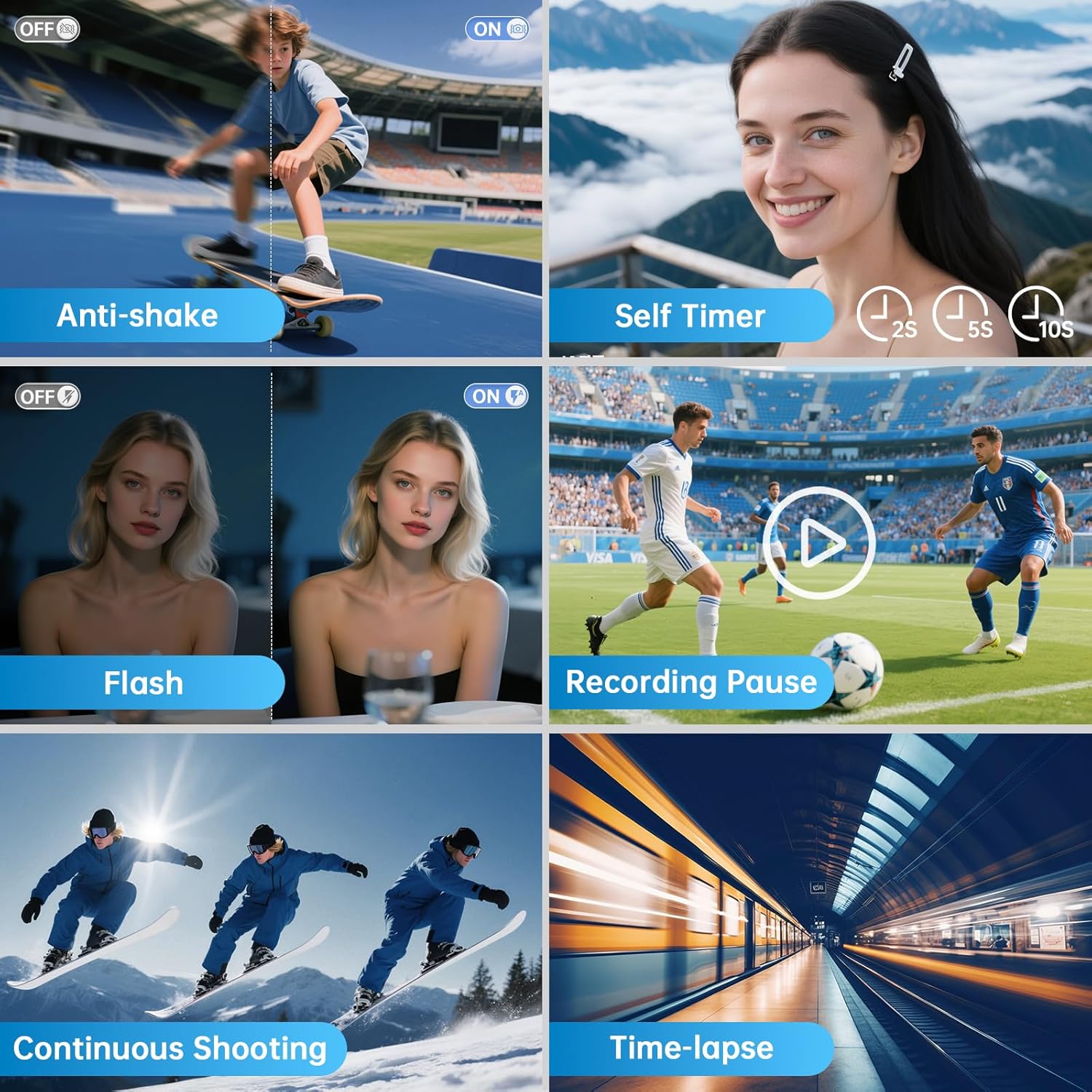 Camara de Fotos con WiFi, 64MP 4K Autofocus Camara Digital Compacta con Pantalla Flip De 180° De 3" Zoom Digital 16X, Tarjeta De 32 GB Estación de Carga, 2 Baterías para Principiantes, Adolescentes - 6