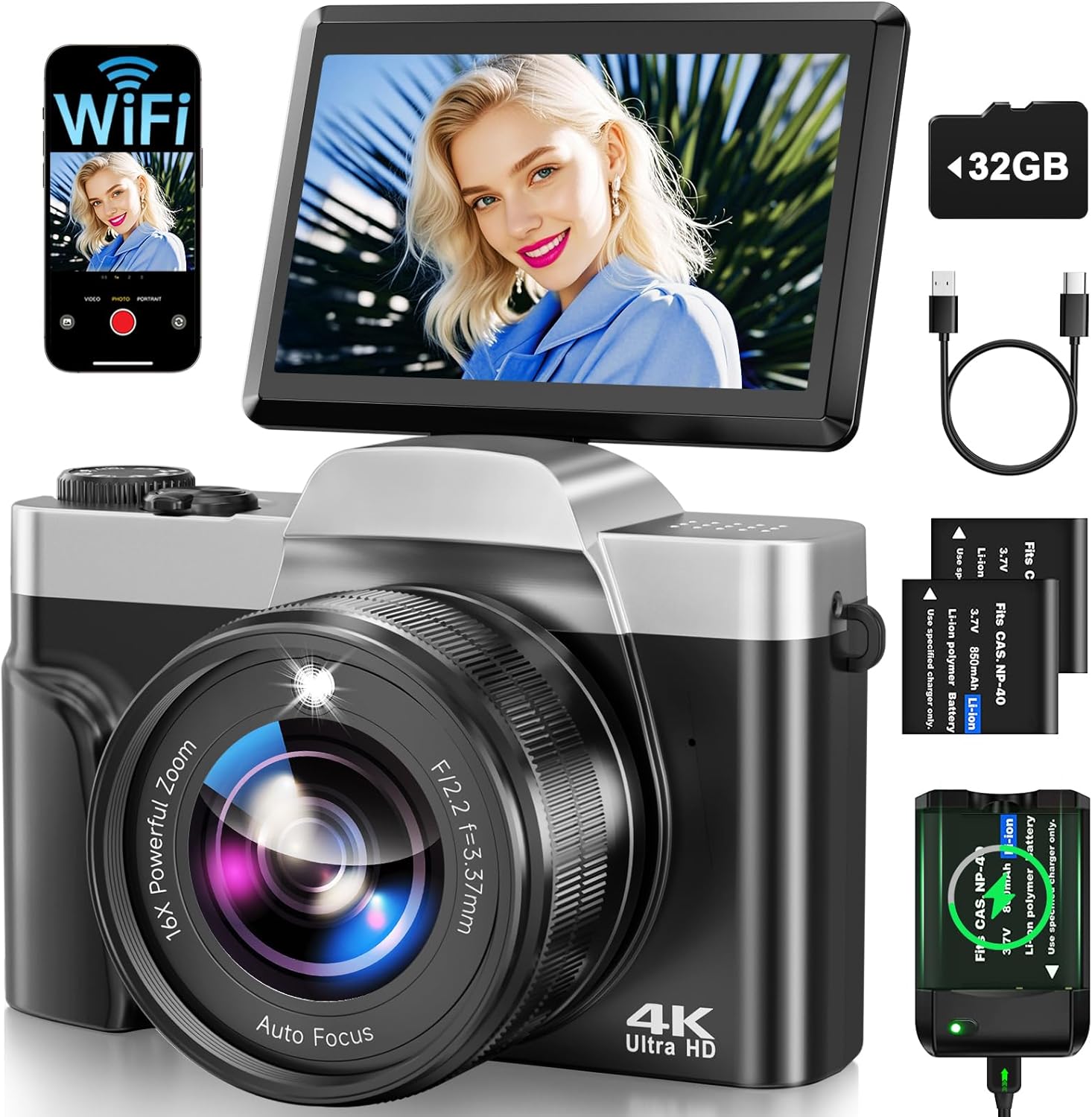 Camara de Fotos con WiFi, 64MP 4K Autofocus Camara Digital Compacta con Pantalla Flip De 180° De 3" Zoom Digital 16X, Tarjeta De 32 GB Estación de Carga, 2 Baterías para Principiantes, Adolescentes - 1