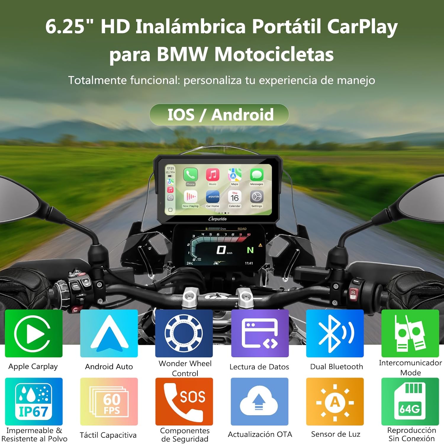 Carpuride W602BS Pro Carplay Pantalla para BMW Motocicletas, Nativo Wonder Wheel Control y Lectura de Datos, Inalámbrico CarPlay y Android Auto, 6.25" Impermeable Táctil Pantalla, OTA, Dual Bluetooth. - 2