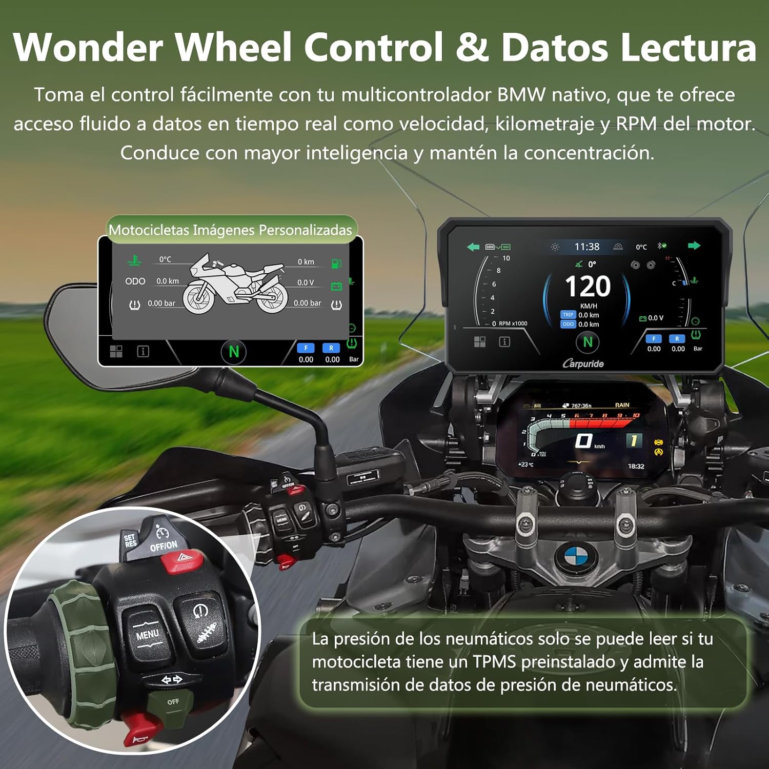 Carpuride W602BS Pro Carplay Pantalla para BMW Motocicletas, Nativo Wonder Wheel Control y Lectura de Datos, Inalámbrico CarPlay y Android Auto, 6.25" Impermeable Táctil Pantalla, OTA, Dual Bluetooth. - 3