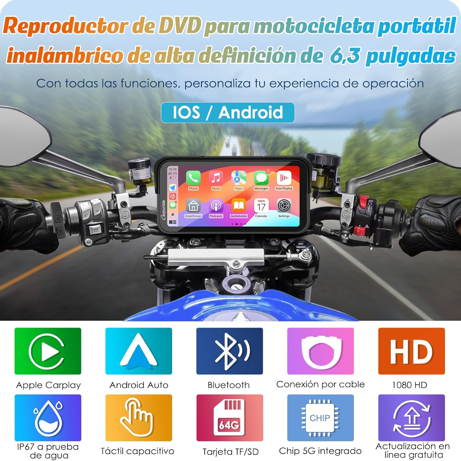 Carpuride W603 Pantalla Carplay para Motocicleta, CarPlay Inalámbrico y Android Auto para Moto, Control Remoto, Pantalla Táctil Impermeable de 6,3", Audio BT, Navegación GPS, Siri, Asistente de G00gle - 2