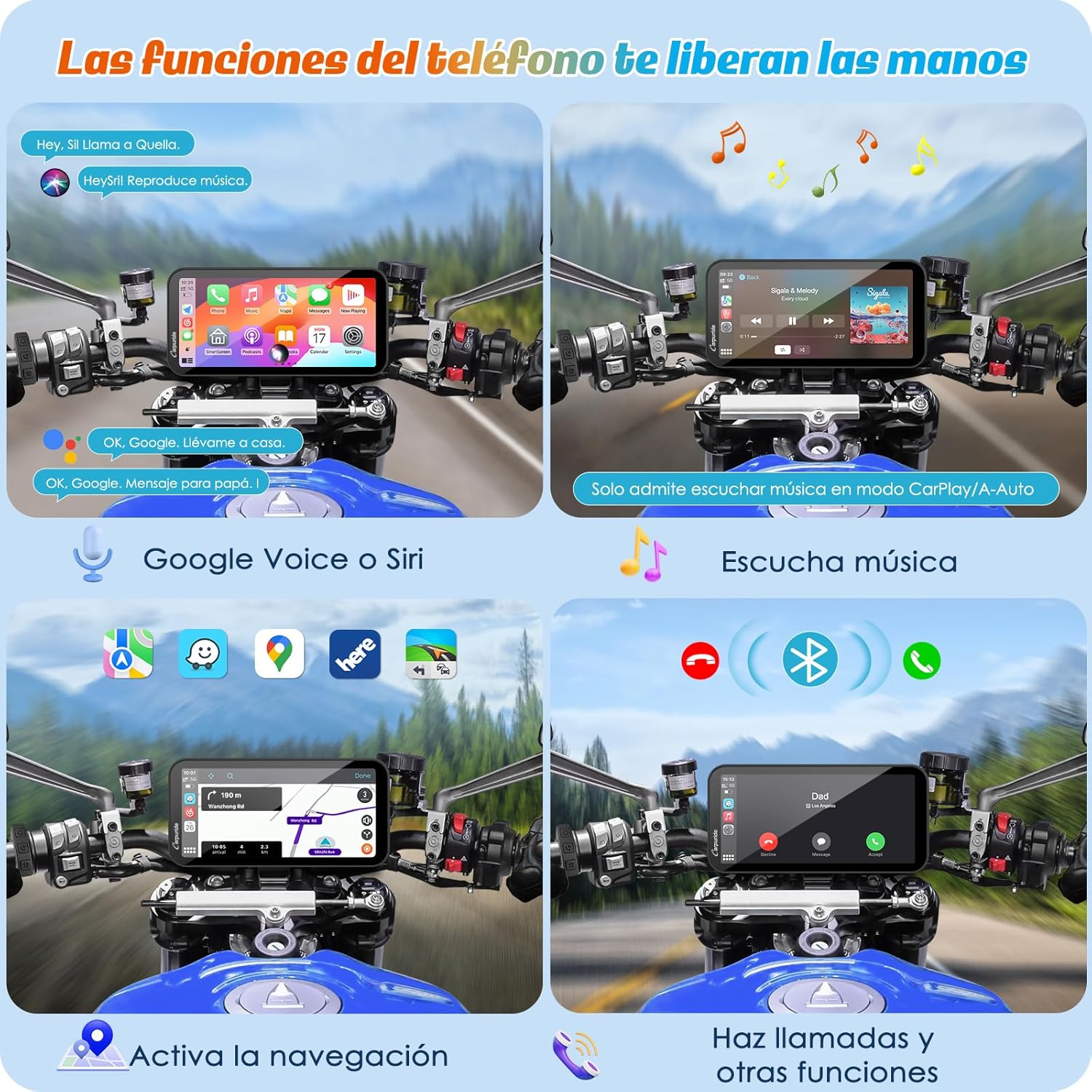 Carpuride W603 Pantalla Carplay para Motocicleta, CarPlay Inalámbrico y Android Auto para Moto, Control Remoto, Pantalla Táctil Impermeable de 6,3", Audio BT, Navegación GPS, Siri, Asistente de G00gle - 3