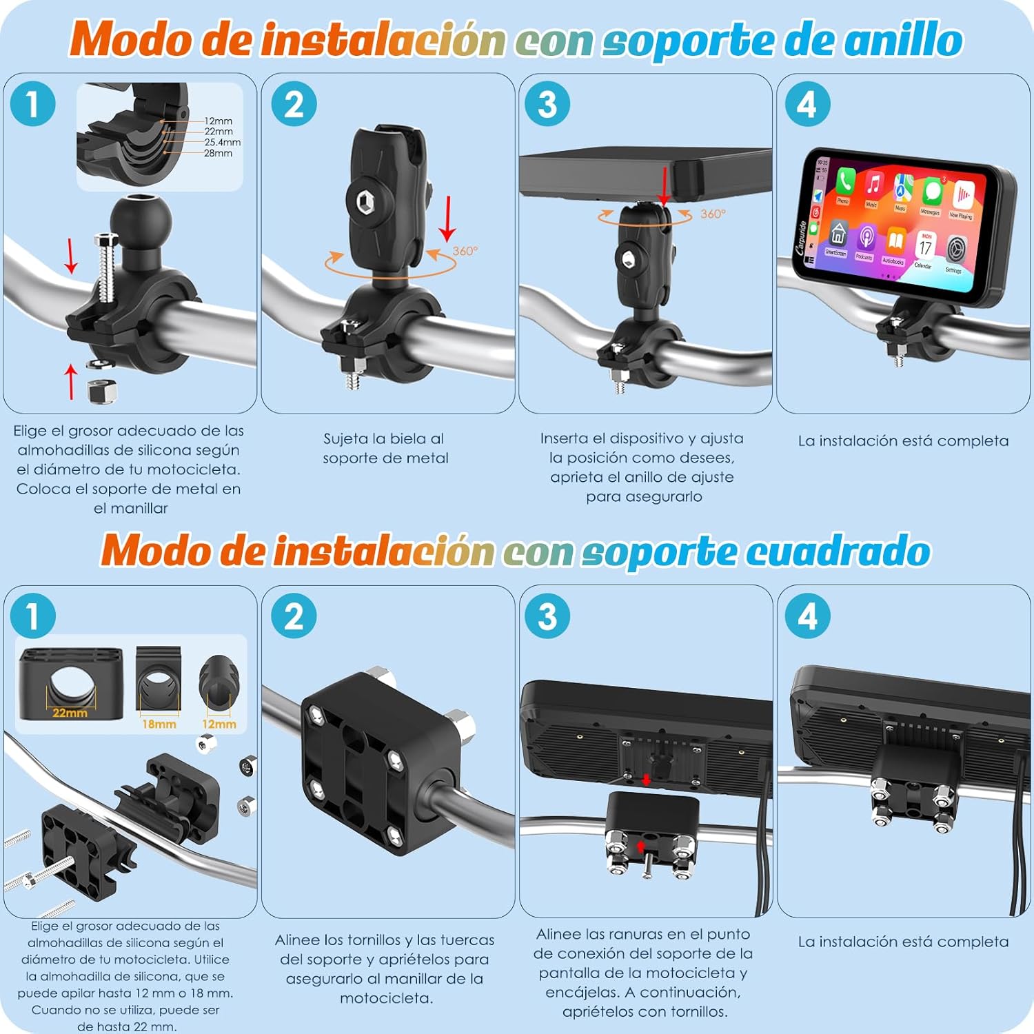 Carpuride W603 Pantalla Carplay para Motocicleta, CarPlay Inalámbrico y Android Auto para Moto, Control Remoto, Pantalla Táctil Impermeable de 6,3", Audio BT, Navegación GPS, Siri, Asistente de G00gle - 4