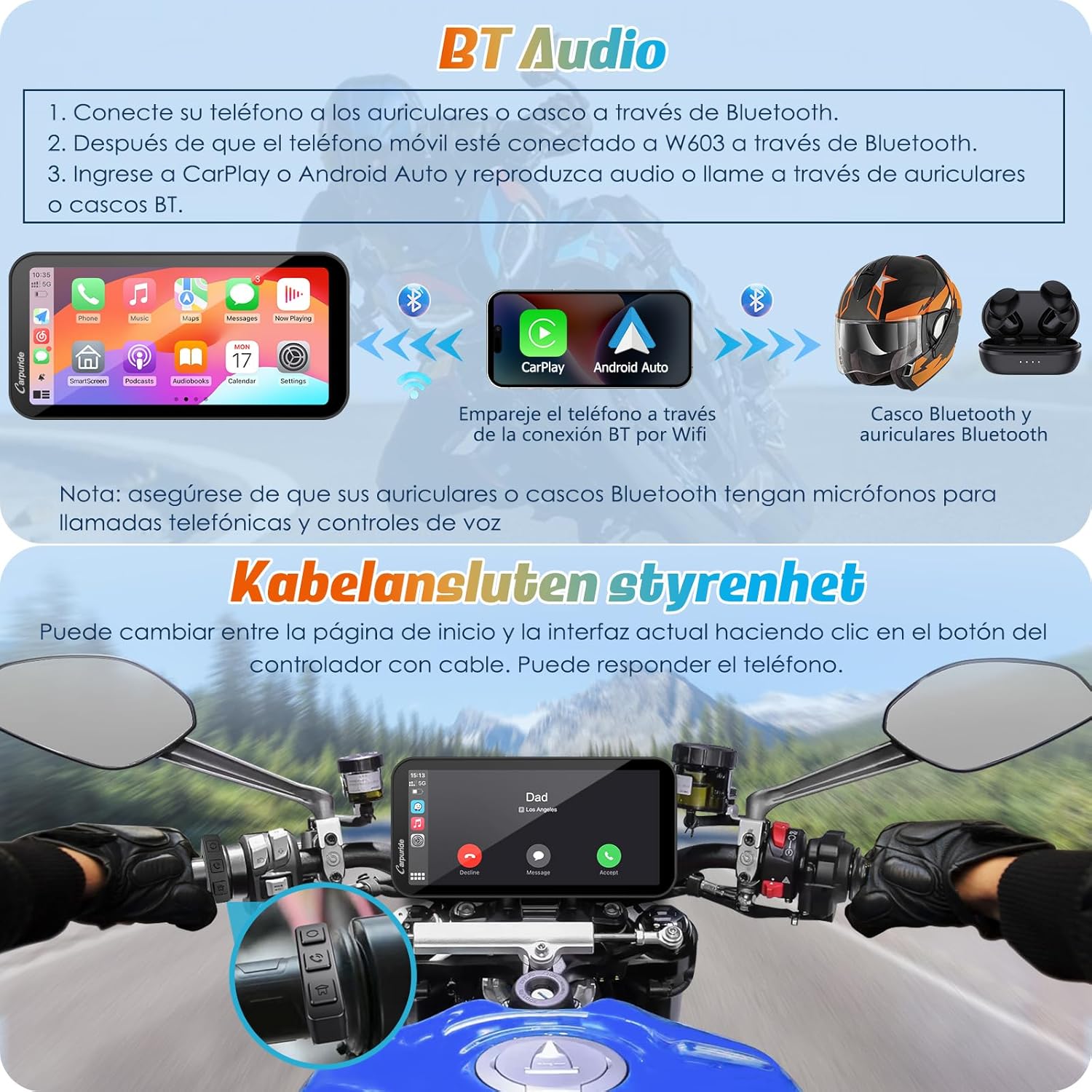 Carpuride W603 Pantalla Carplay para Motocicleta, CarPlay Inalámbrico y Android Auto para Moto, Control Remoto, Pantalla Táctil Impermeable de 6,3", Audio BT, Navegación GPS, Siri, Asistente de G00gle - 5