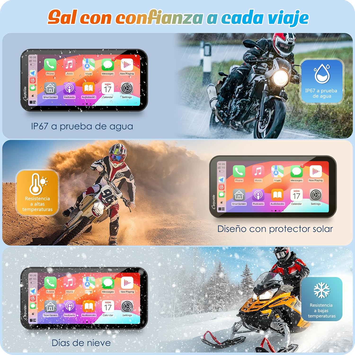 Carpuride W603 Pantalla Carplay para Motocicleta, CarPlay Inalámbrico y Android Auto para Moto, Control Remoto, Pantalla Táctil Impermeable de 6,3", Audio BT, Navegación GPS, Siri, Asistente de G00gle - 6