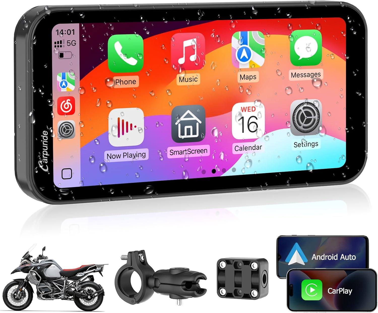 Carpuride W603 Pantalla Carplay para Motocicleta, CarPlay Inalámbrico y Android Auto para Moto, Control Remoto, Pantalla Táctil Impermeable de 6,3", Audio BT, Navegación GPS, Siri, Asistente de G00gle - 1