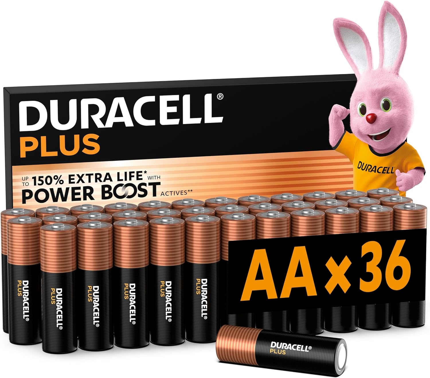 DURACELL Plus Pilas AA (Paquete de 36) – Pilas alcalinas 1,5 V – Hasta un 150 % de duración extra con activos POWER BOOST–Fiabilidad para dispositivos cotidianos–Envase con 0 % de plástico–MN1500 - 1
