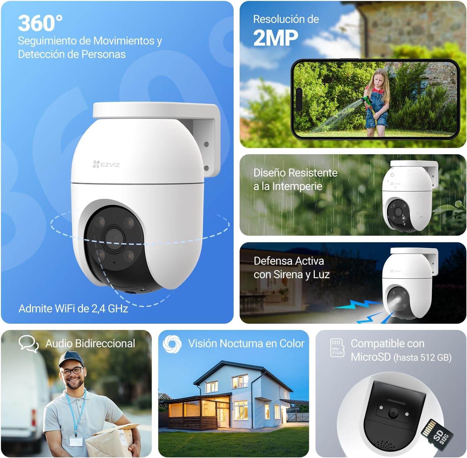 EZVIZ 2PCS Cámara Vigilancia WiFi Exterior 360°,1080P Cámara IP de Seguridad,Visión Nocturna en Color,IA Detección de Personas,Seguimiento Automático,Audio Bidireccional,Sirena, Alexa/Google,C8c 2MP - 2
