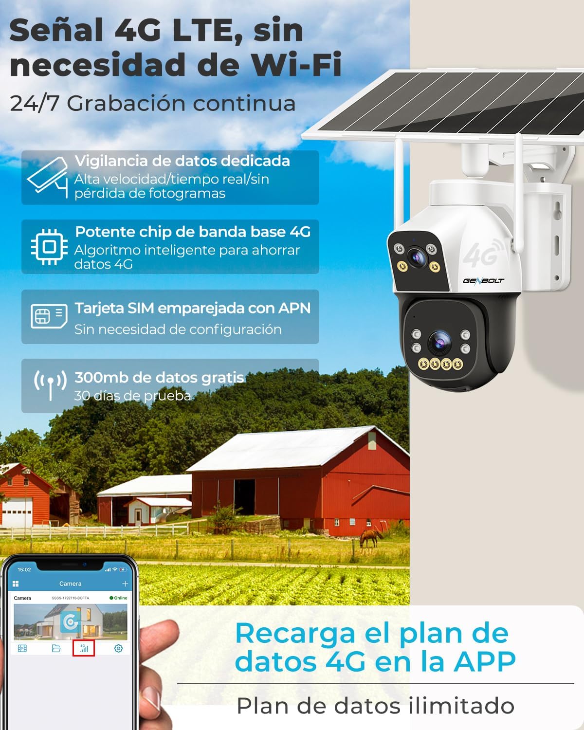 GENBOLT 4G AOV Solar Cámara Vigilancia Exterior Inalámbrica, Grabación 24/7 3MP+3MP Cámara IP Seguridad Exterior con Detección de IA de Tarjeta SIM Batería 15600mAh 8W, CCTV Cámaras Seguridad - 2