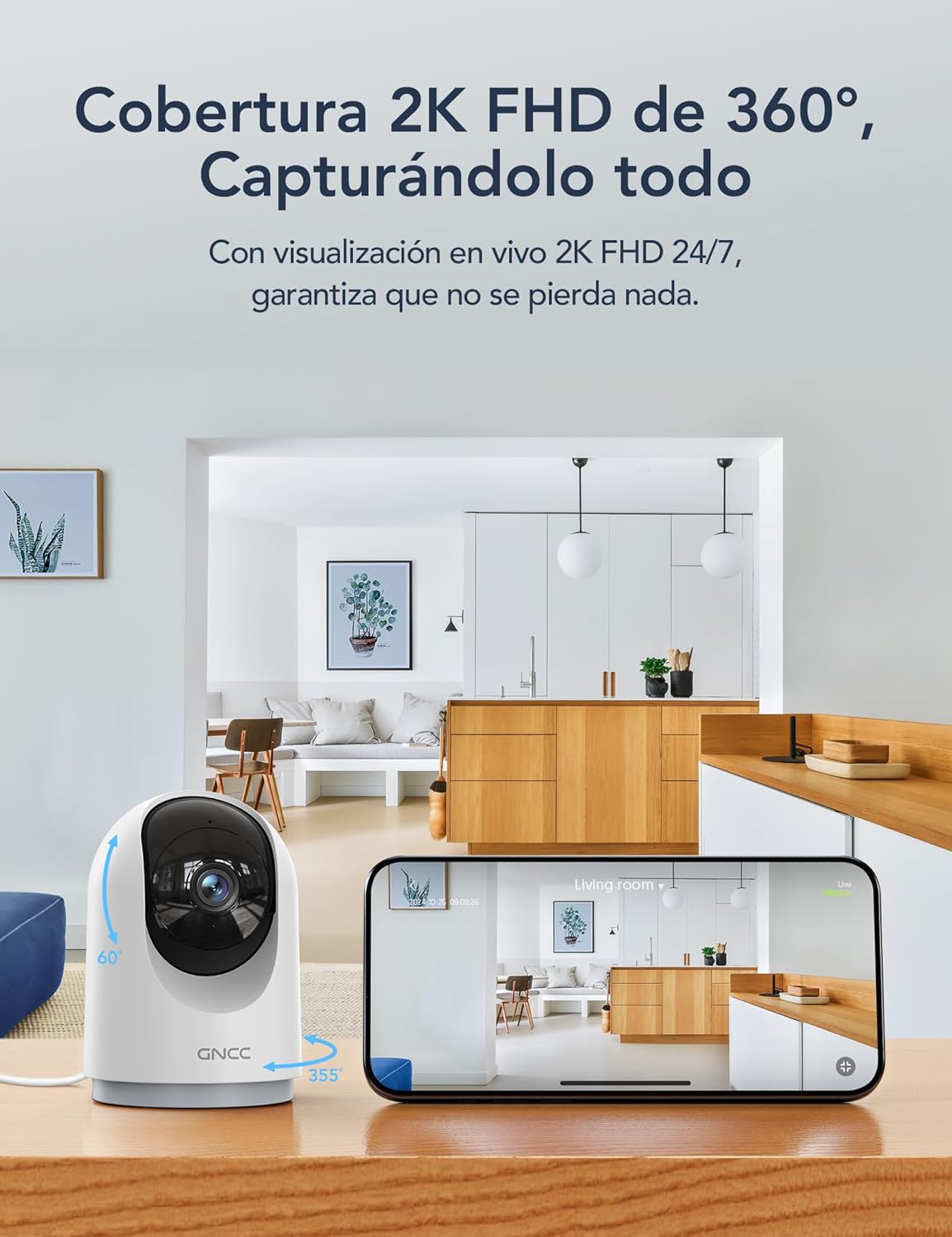 GNCC 2K Camaras Vigilancia Domicilio Wifi, Camara Vigilancia WiFi Interior para Bebés/Mascotas, Seguimiento, Detección de IA, Audio Bidireccional, Visión Nocturna, Compatible con Alexa(2,4GHz)(Pack 2) - 5