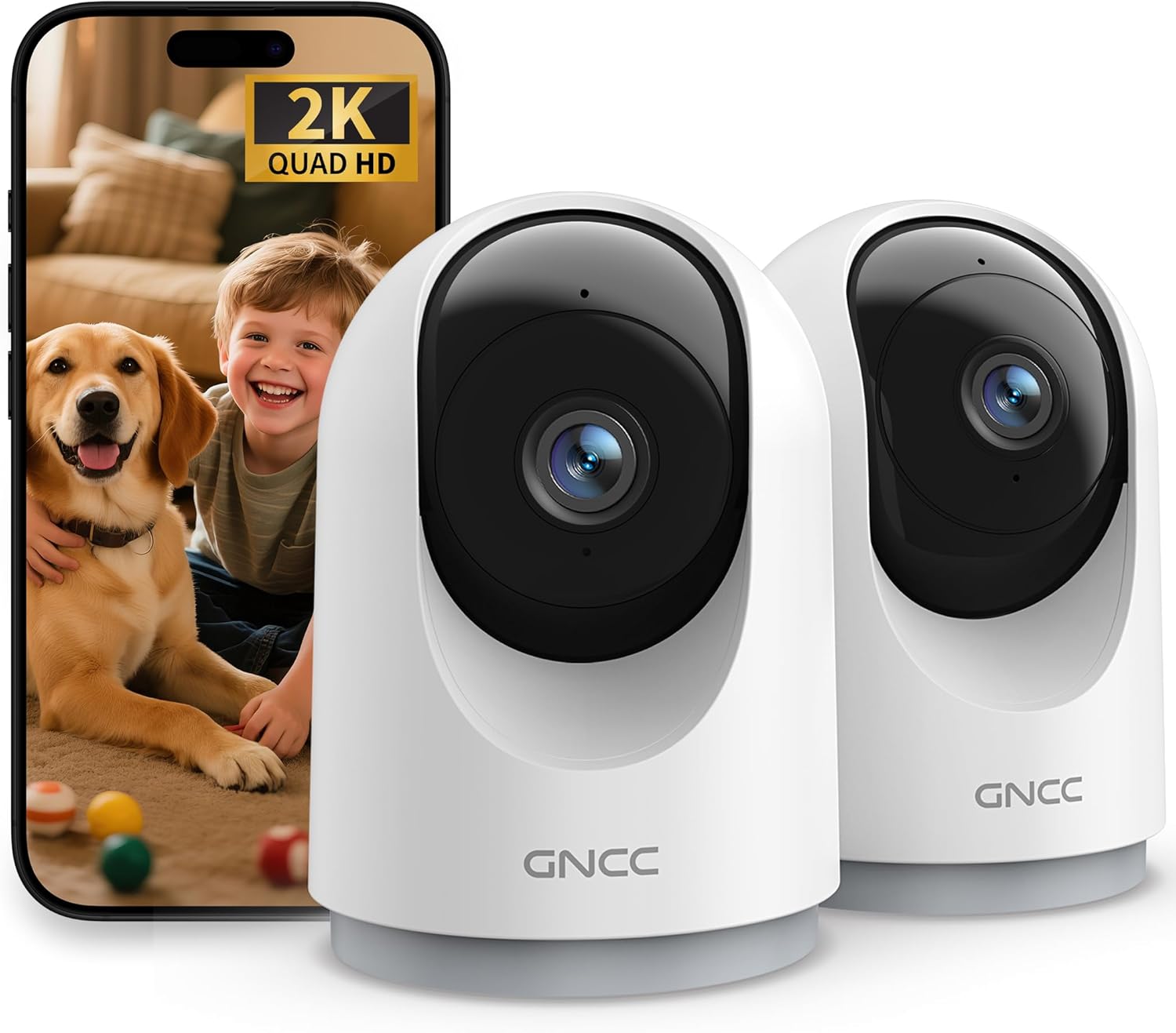 GNCC 2K Camaras Vigilancia Domicilio Wifi, Camara Vigilancia WiFi Interior para Bebés/Mascotas, Seguimiento, Detección de IA, Audio Bidireccional, Visión Nocturna, Compatible con Alexa(2,4GHz)(Pack 2) - 1