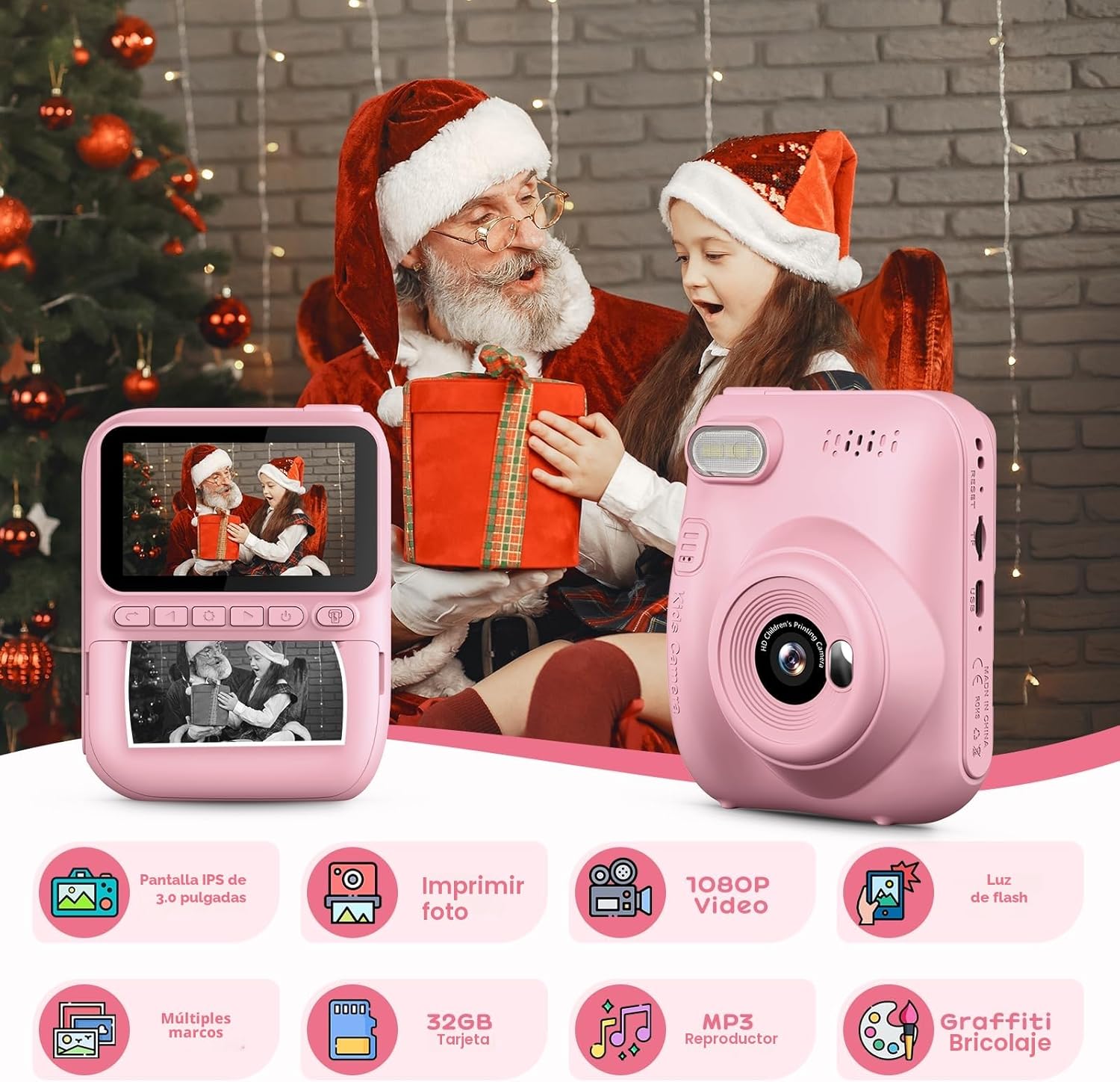 GREENKINDER Camara Fotos Infantil Instantanea,3,0 Pulgadas 14 MP Camara Fotos Infantil con Tarjeta de 32 GB y Papel de Impresión,HD 1080P Cámara Instantánea,Regalo de Cumpleaños para Niños 3 a 12 Años - 2
