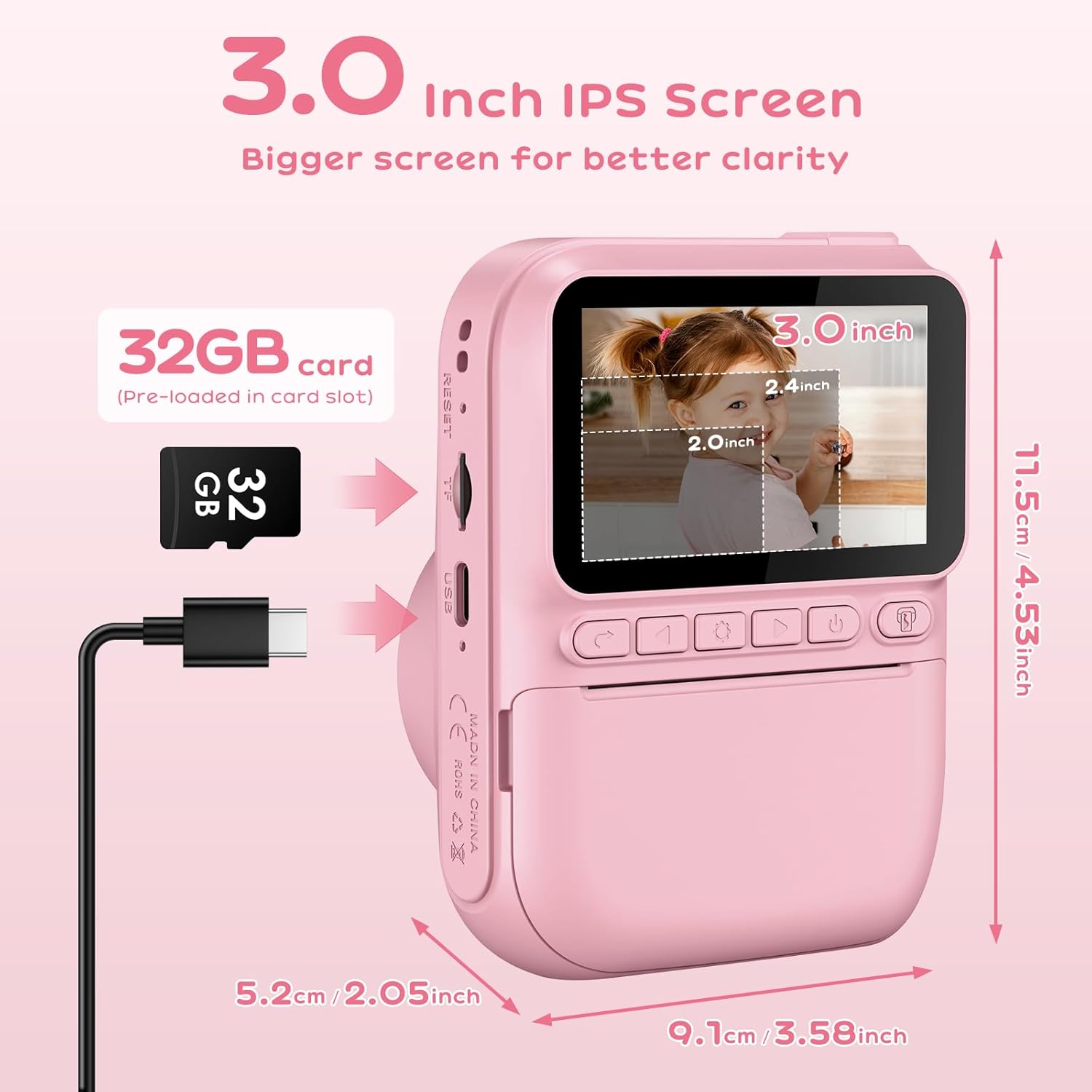 GREENKINDER Camara Fotos Infantil Instantanea,3,0 Pulgadas 14 MP Camara Fotos Infantil con Tarjeta de 32 GB y Papel de Impresión,HD 1080P Cámara Instantánea,Regalo de Cumpleaños para Niños 3 a 12 Años - 3