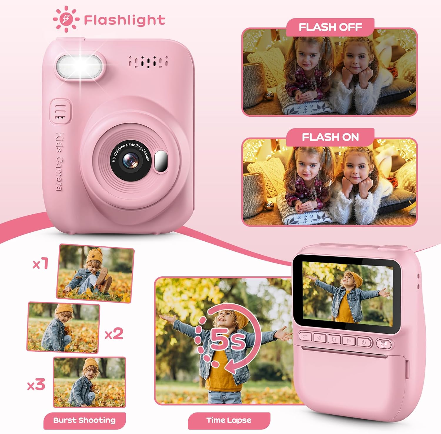 GREENKINDER Camara Fotos Infantil Instantanea,3,0 Pulgadas 14 MP Camara Fotos Infantil con Tarjeta de 32 GB y Papel de Impresión,HD 1080P Cámara Instantánea,Regalo de Cumpleaños para Niños 3 a 12 Años - 4