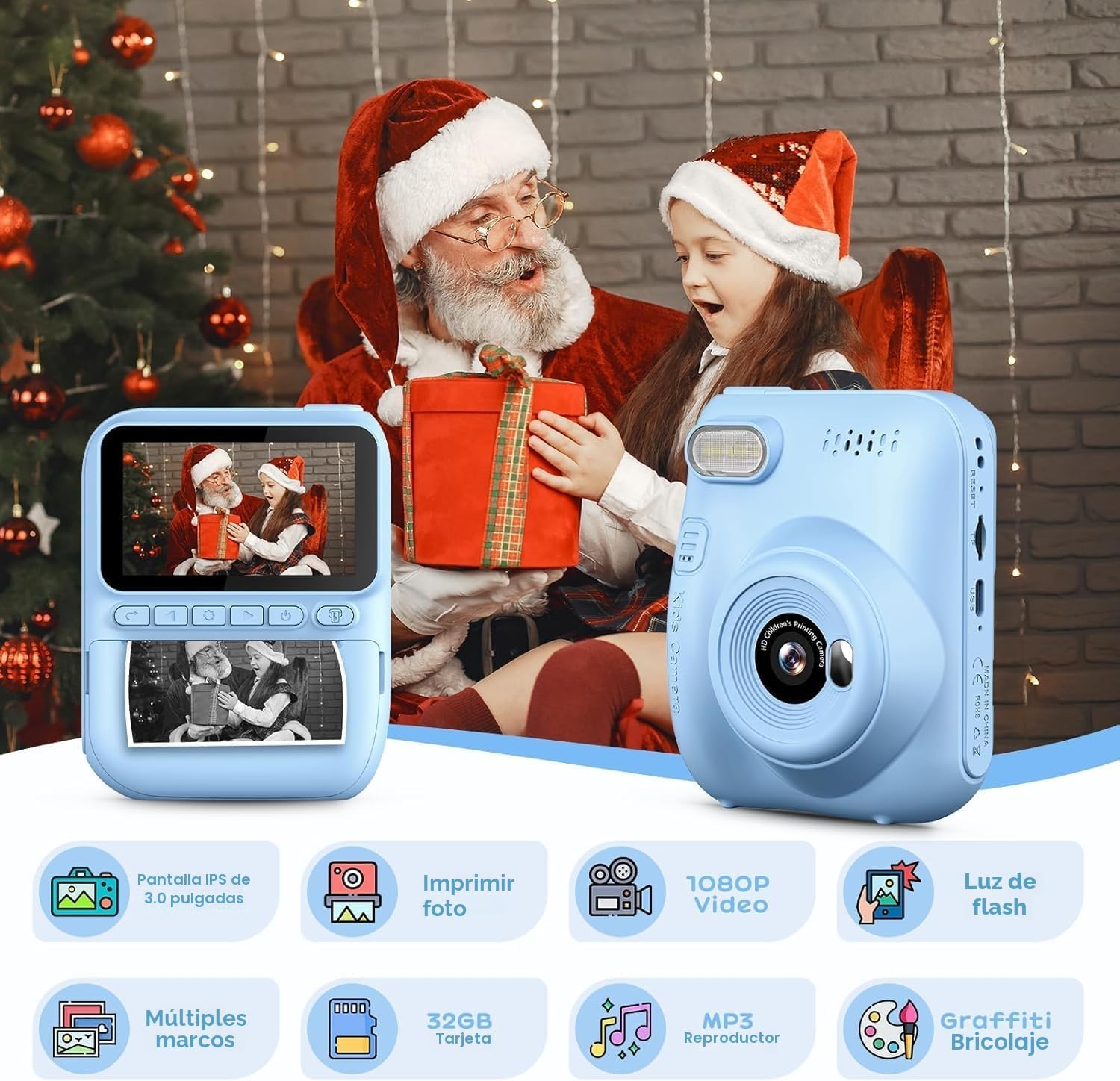GREENKINDER Camara Fotos Infantil Instantanea,3,0 Pulgadas 14MP Camara Fotos Infantil con Tarjeta de 32 GB y Papel de Impresión,HD 1080P Cámara Instantánea,Regalo de Cumpleaños para Niños 3 a 12 Años - 2