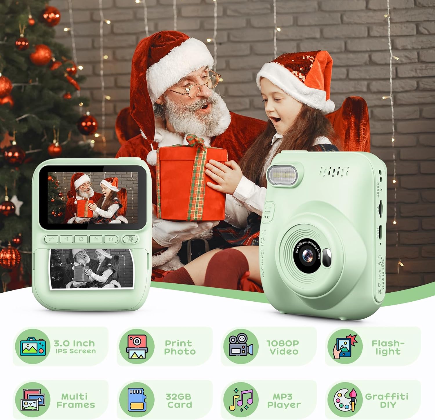 GREENKINDER Camara Fotos Infantil Instantanea,3,0 Pulgadas 14MP Camara Fotos Infantil con Tarjeta de 32 GB y Papel de Impresión,HD 1080P Cámara Instantánea,Regalo de Cumpleaños para Niños 3 a 12 Años - 2