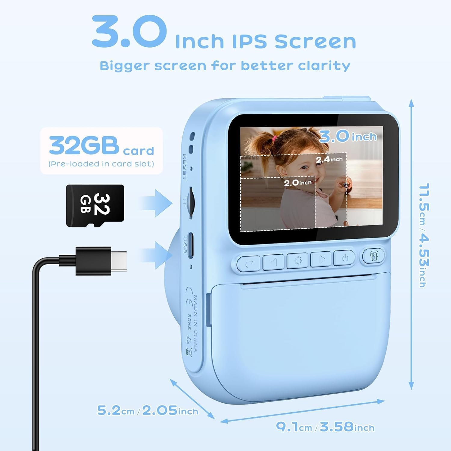 GREENKINDER Camara Fotos Infantil Instantanea,3,0 Pulgadas 14MP Camara Fotos Infantil con Tarjeta de 32 GB y Papel de Impresión,HD 1080P Cámara Instantánea,Regalo de Cumpleaños para Niños 3 a 12 Años - 3